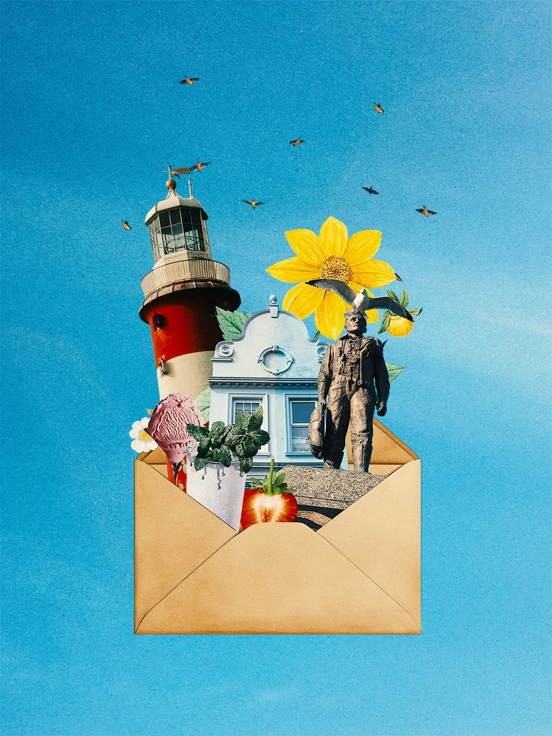 An open envelope with a collage of objects emerging from it, including a lighthouse, a statue of a person, a large yellow flower, a potted mint plant, a scoop of ice cream, a red apple, and a white building with a clock. There are birds flying in the