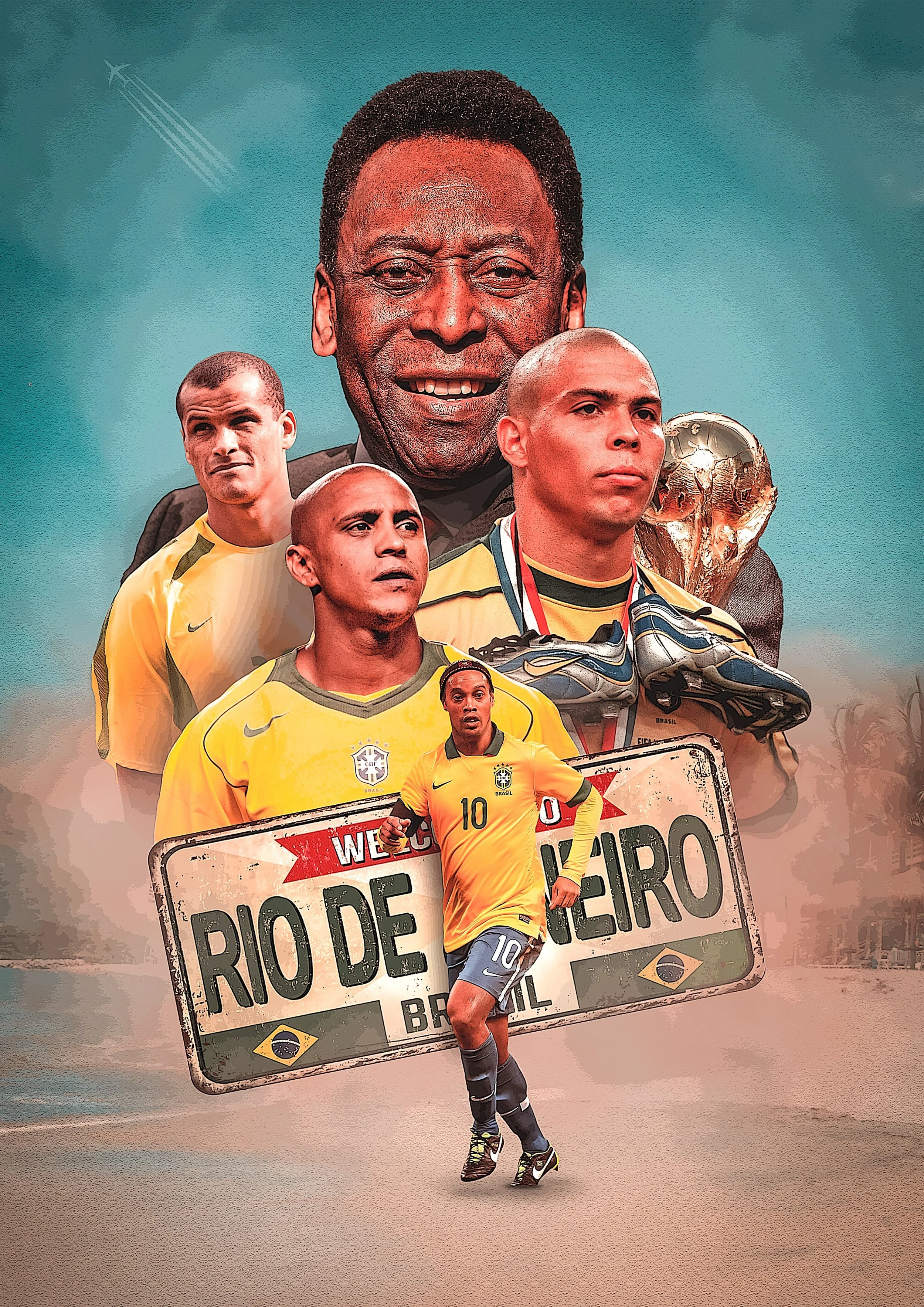 Collage featuring famous Brazilian football player Pelé and footballers Neymar, Ronaldo, and Pelé, with a Rio de Janeiro street sign in the foreground and a beach scene in the background.