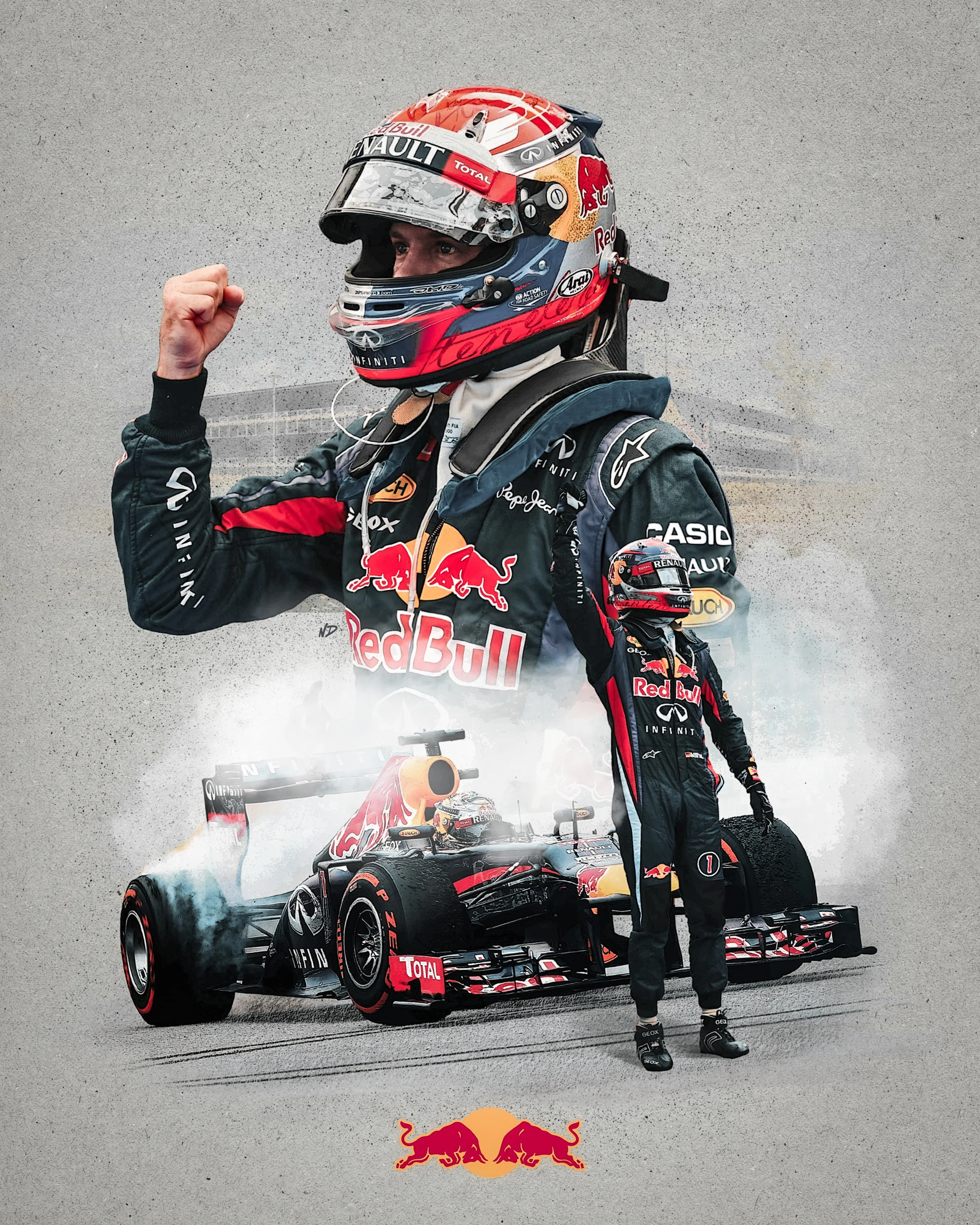 A race car driver in a Red Bull Racing suit and helmet, standing with a fist raised in victory, with a racing car in the background and the Red Bull logo at the bottom.