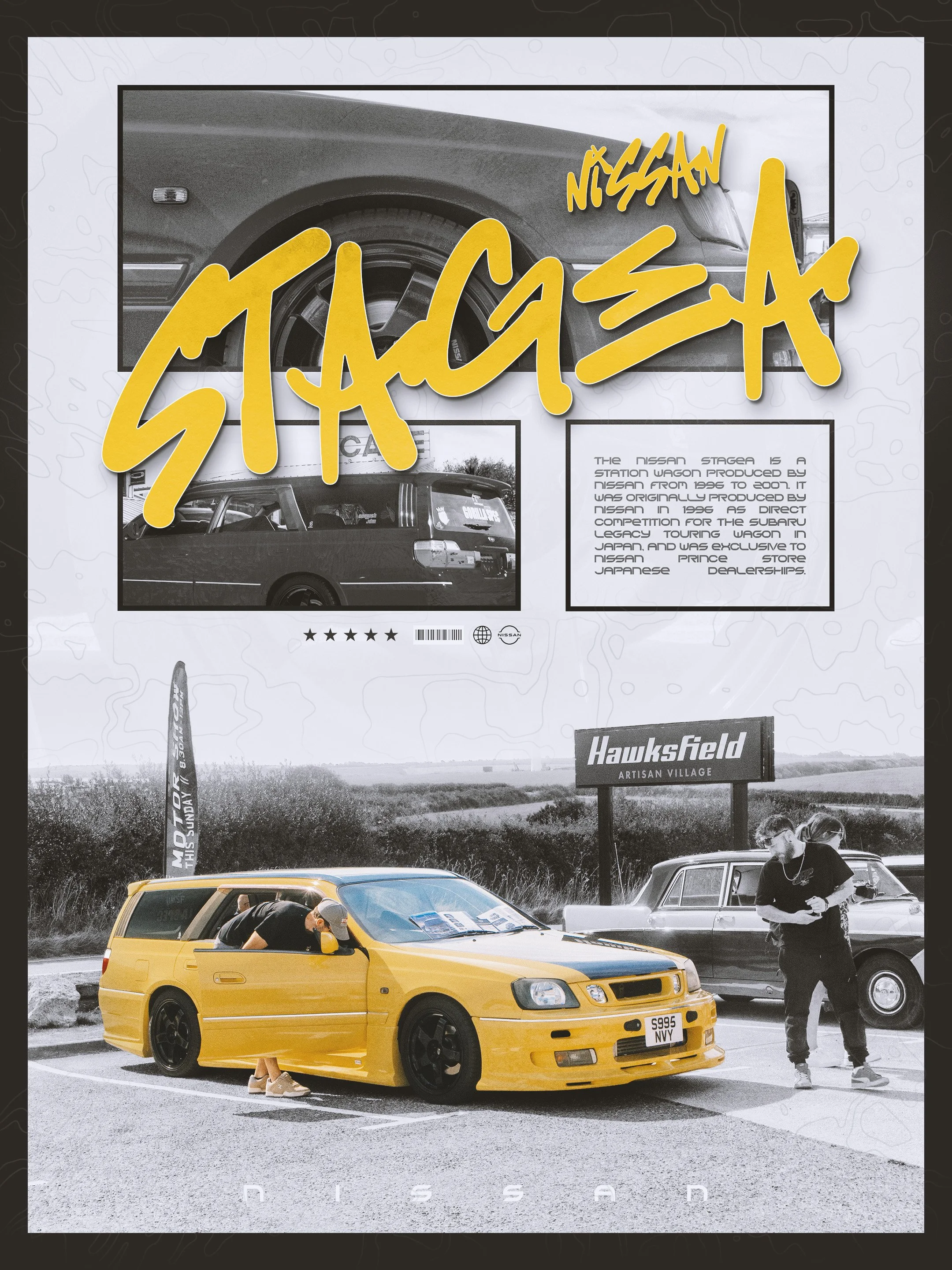 A photo of a yellow Nissan Skyline R32 GTR car parked on a street, with two people nearby. One person is bent over the driver side, and another is walking past the car. In the background, there is a Nissan sign and a sign that says 'Hawksfield Artisa