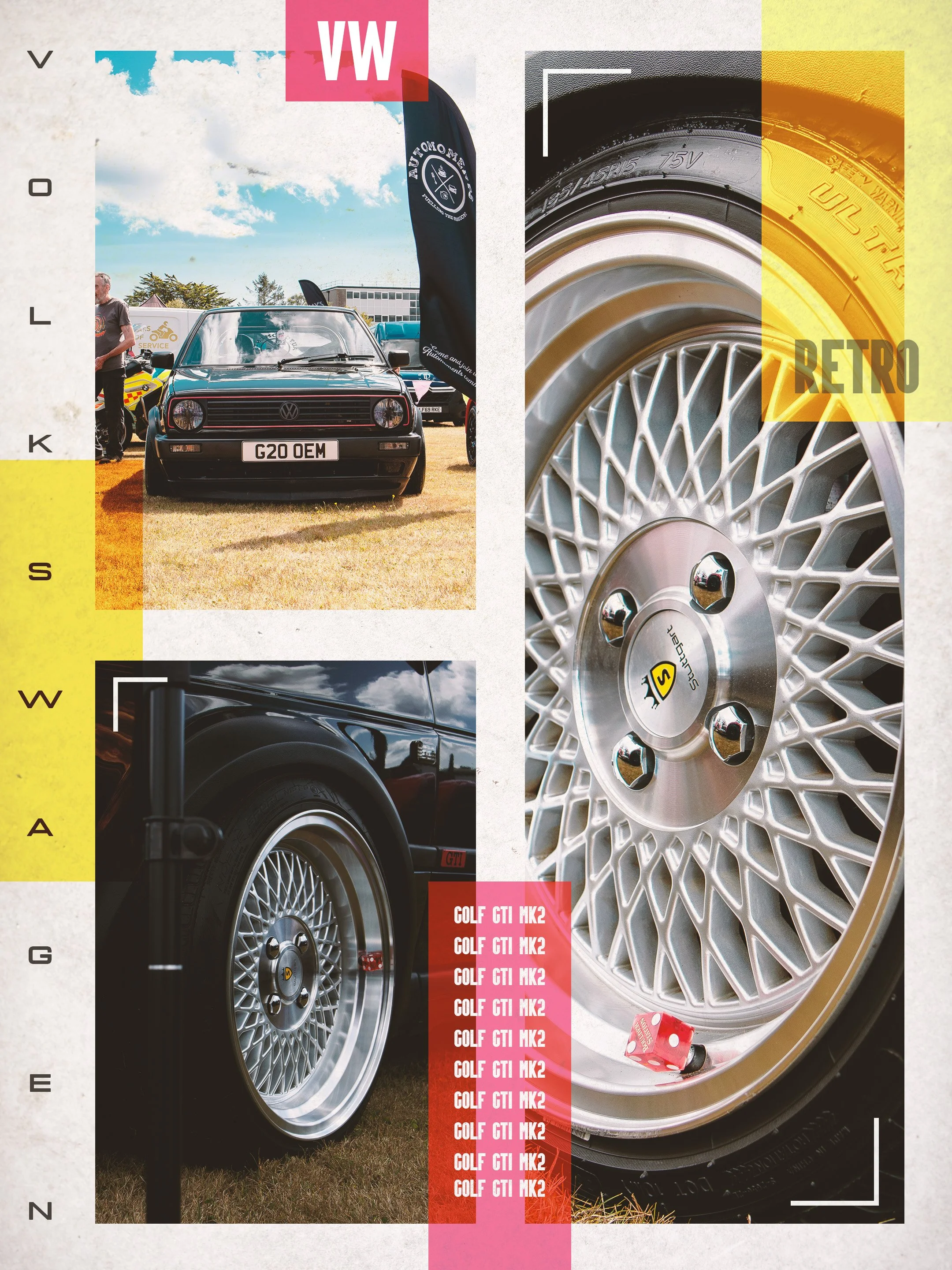 Close-up photo of vintage car wheels, with one showing a detailed alloy rim and another with a black tire, set against grassy ground under a sky with clouds. The image contains colorful overlays and text reading 'RETRO' and 'GOLF GTI MK2'.