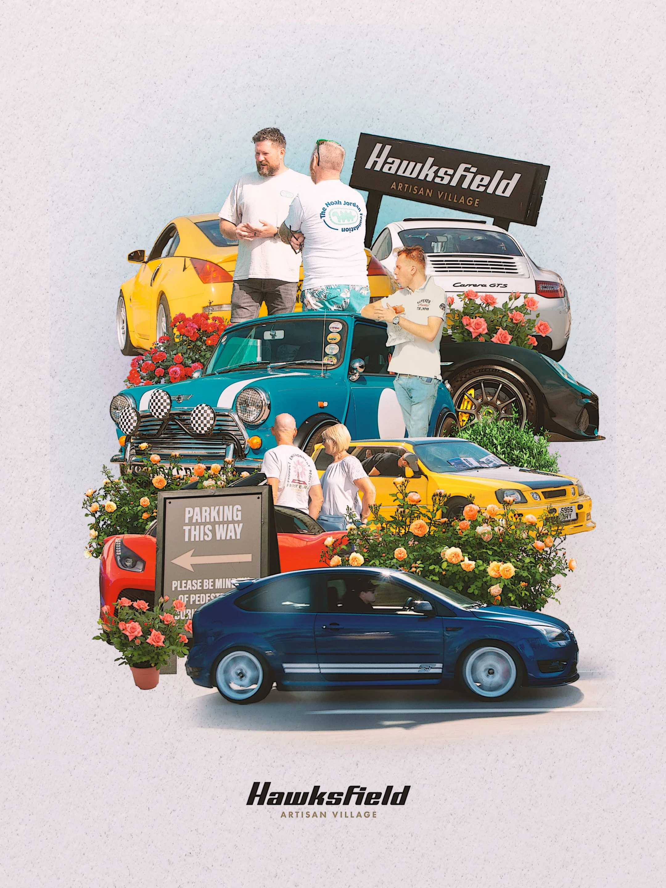 Arts and cars collage featuring colorful vehicles, people, flowers, and a sign for Hawksfield Artisan Village.