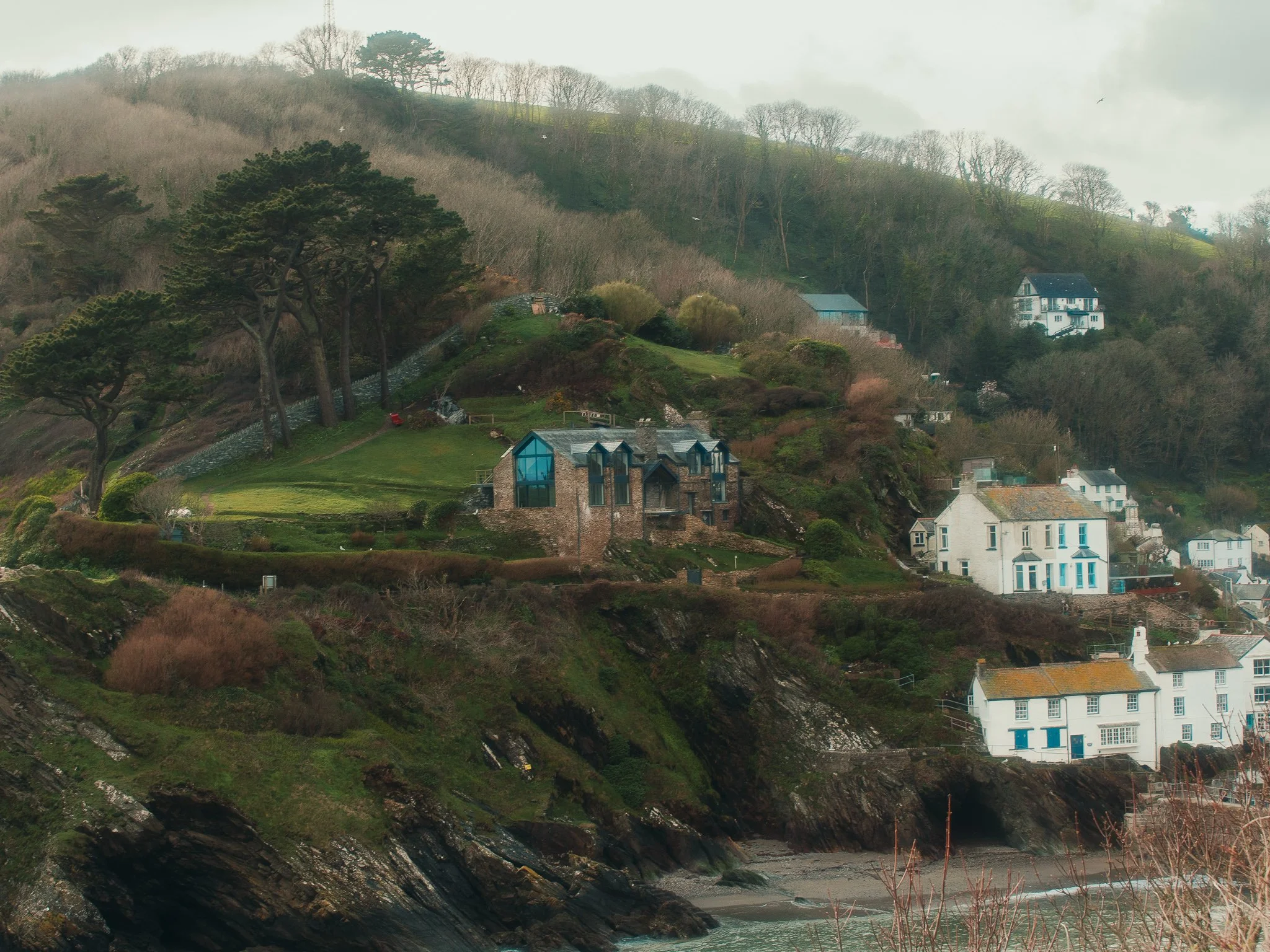 A hillside with a mix of leafless and evergreen trees, some houses on the slope, and a small cluster of buildings at the bottom near the rocky shoreline, with the ocean in the foreground.