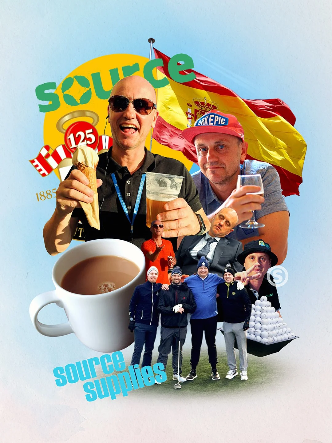 Collage of people, food, drinks, and symbols celebrating Spain's 125 years, including a Spanish flag, a coffee cup, golf club, croissant, ice cream, and the words 'source' and 'supplies'.