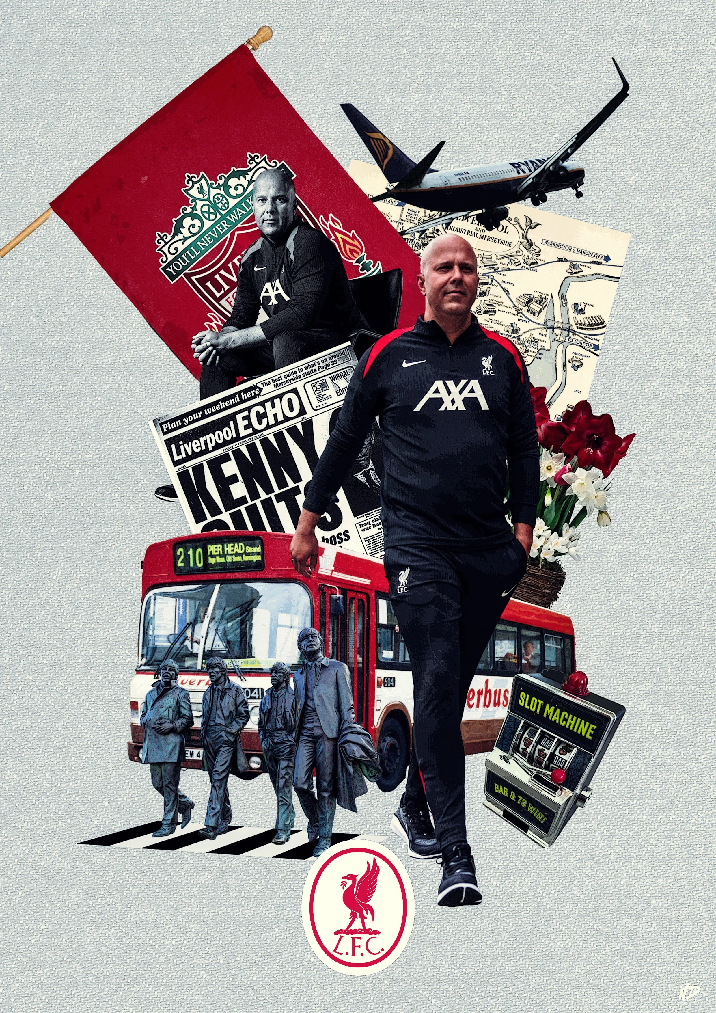 Collage featuring Liverpool FC themes, including a man in Liverpool FC gear, a red bus, a slot machine, a football flag, flowers, an airplane, and a group of men walking, with Liverpool FC logo at the bottom.