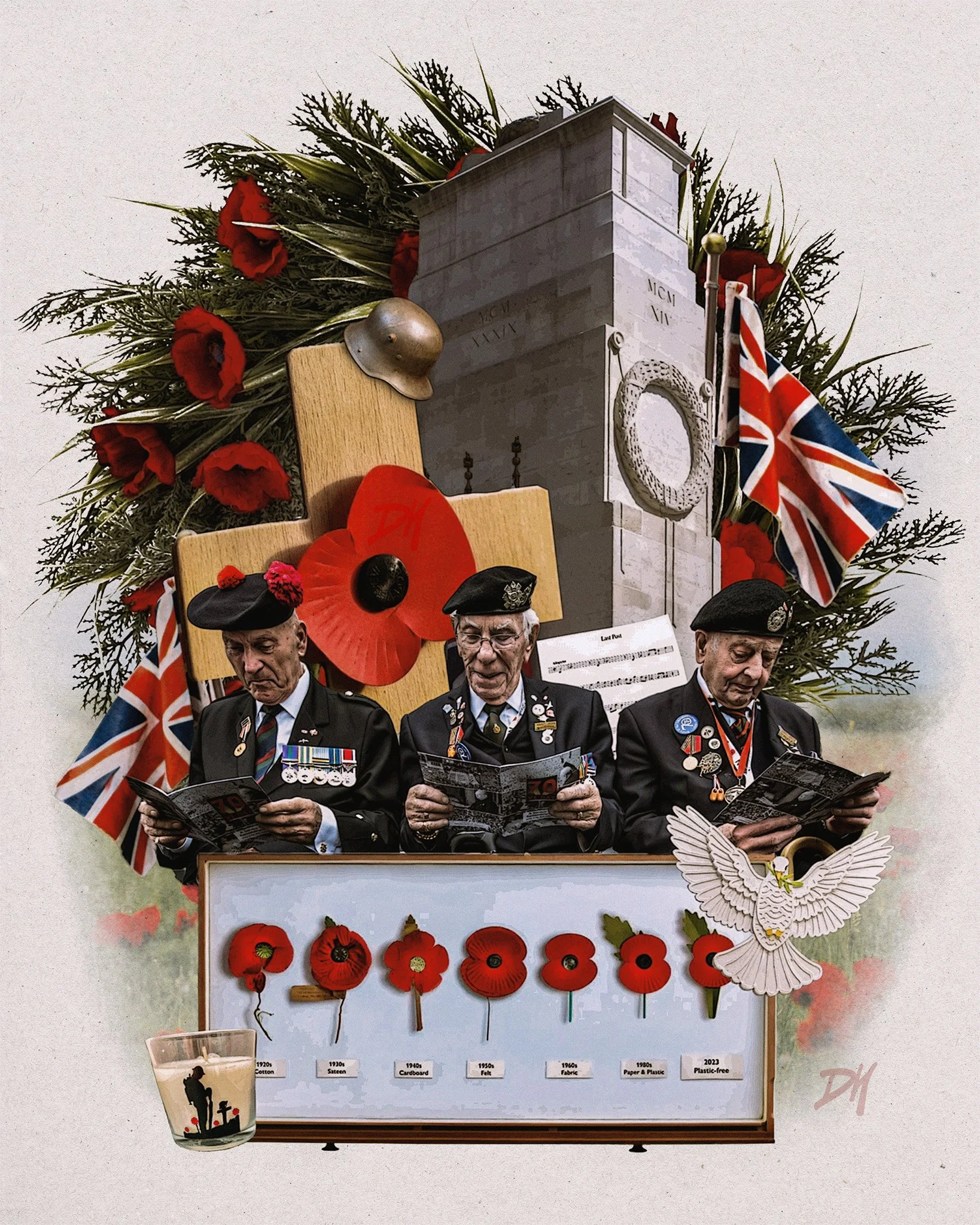 Three veterans wearing medals and military uniforms reading magazines at a memorial display with various poppies from different years, Union Jack flags, and a white dove cutout. The memorial features a stone monument with a wreath of red poppies, and