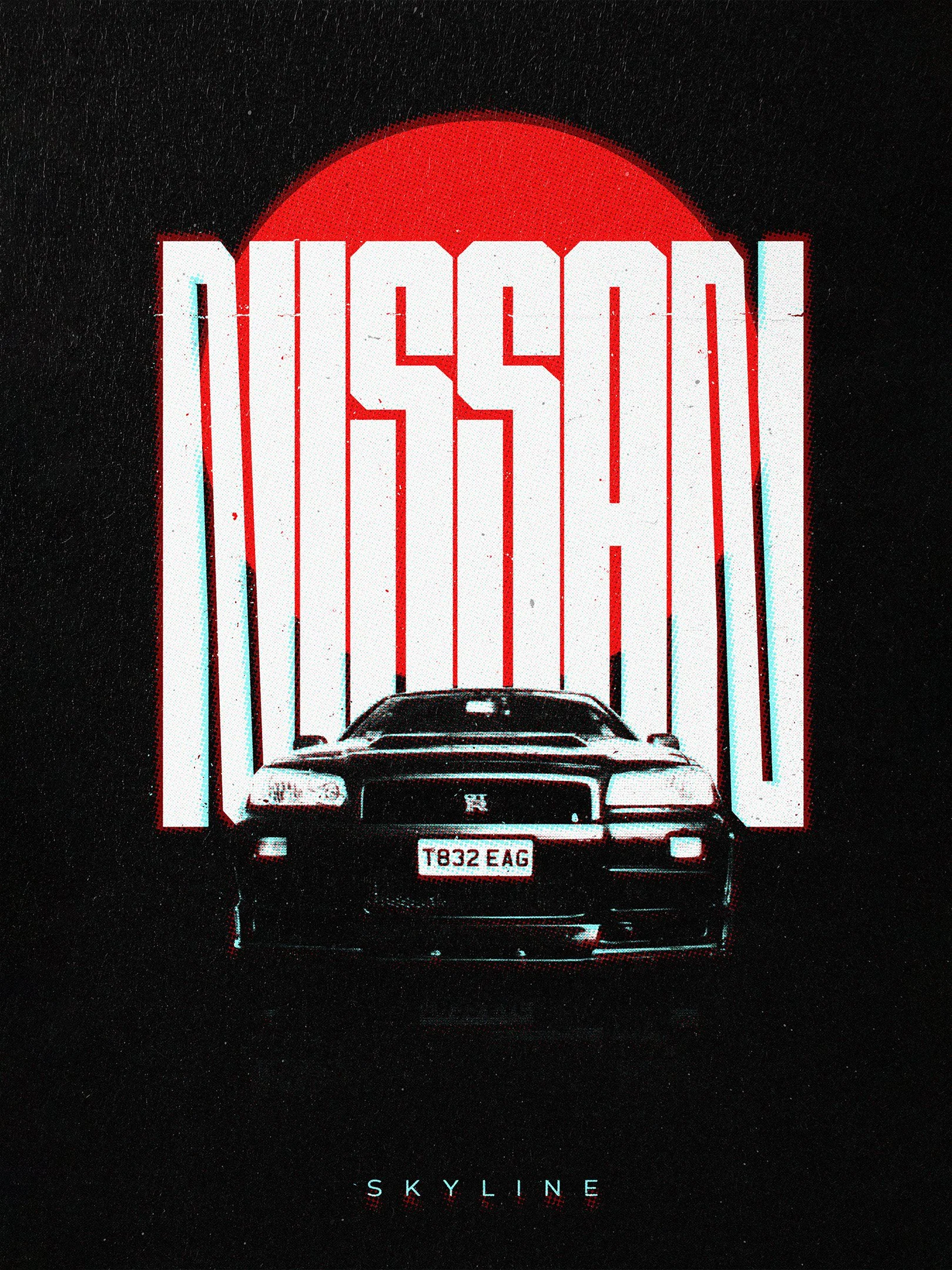 A stylized poster featuring a black car with the license plate T832 EAG, a large red sun in the background, and vertical white text spelling 'MISSION' over the sun. The word 'SKYLINE' is at the bottom in smaller letters.