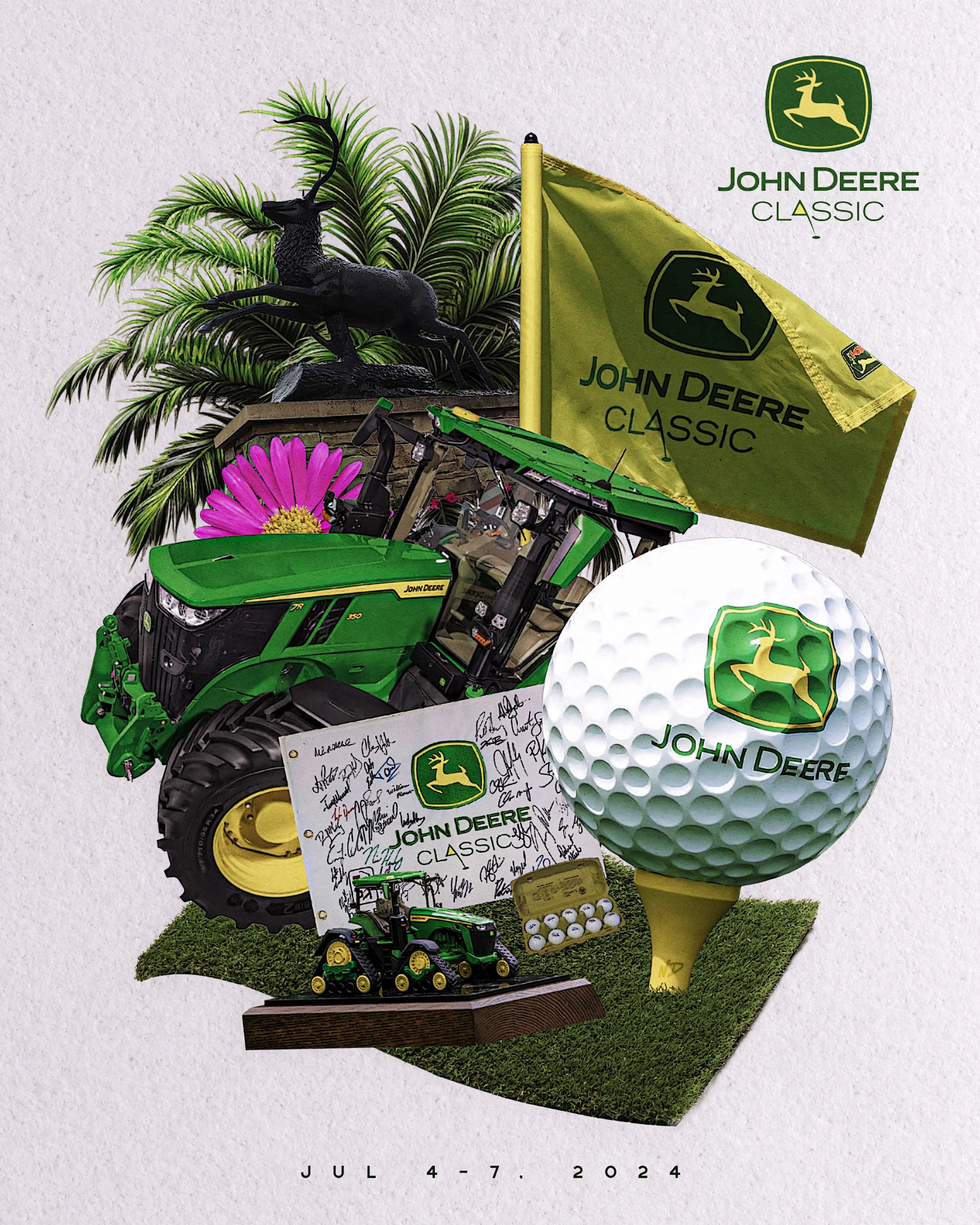Display of John Deere equipment and branding, including a green tractor, a large golf ball with the John Deere logo, a yellow and green flag, palm trees, a pink flower, and signatures on a board, with text "Jul 4-7, 2024."