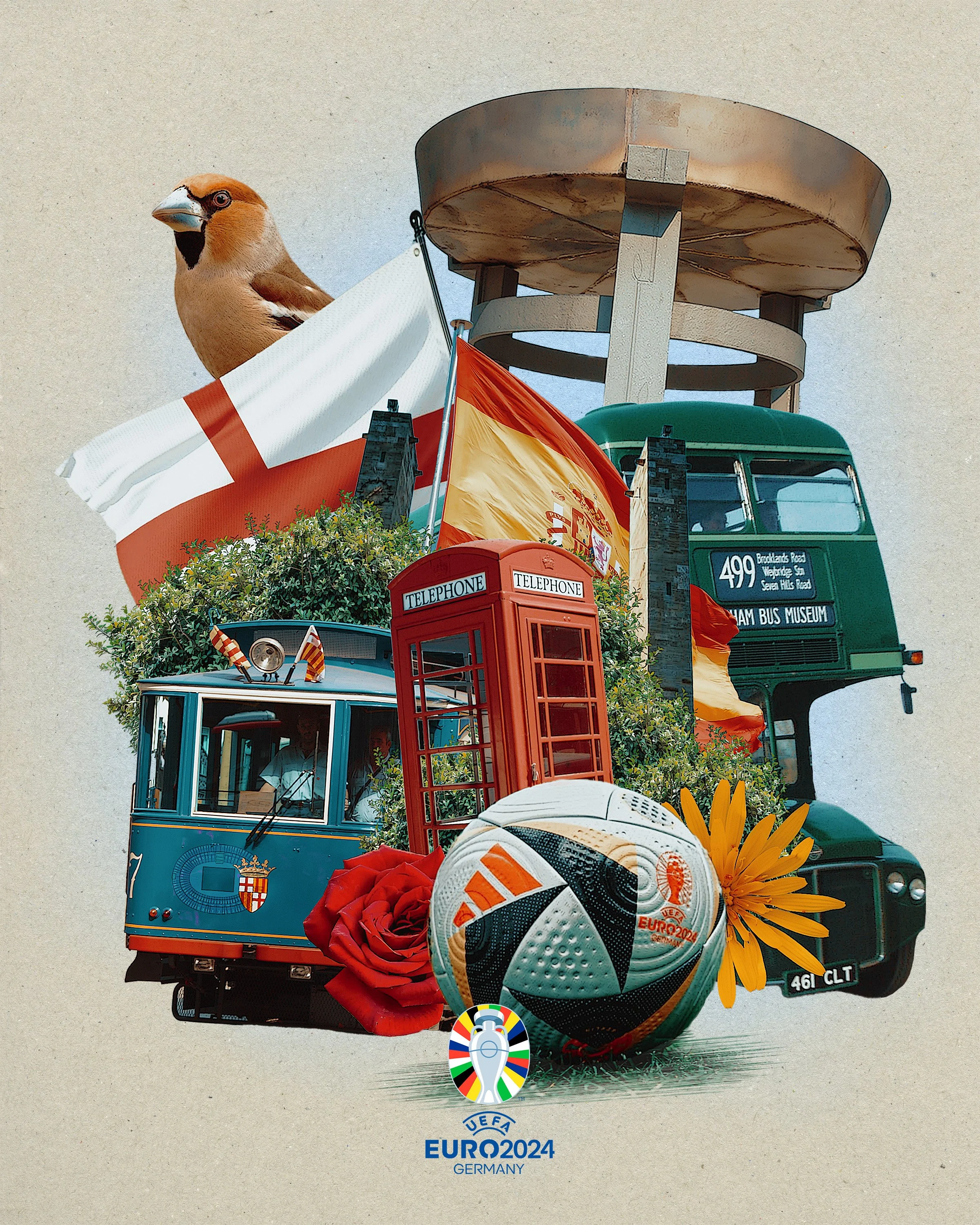 Collage of elements representing UEFA EURO 2024 in Germany, including a bird, flags, a tram, a red telephone booth, a soccer ball with Euro 2024 branding, flowers, and a silhouette of a stadium with a large top structure.