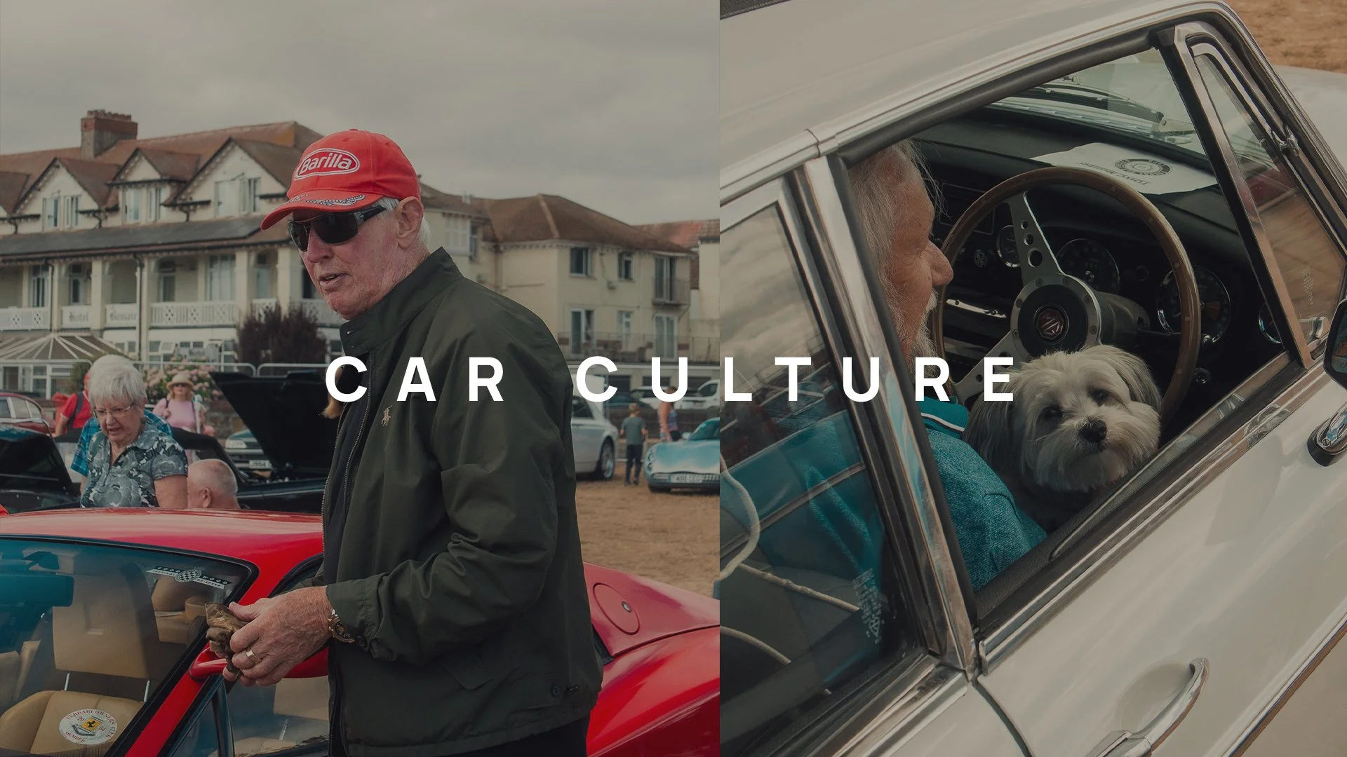 A collage of two photos featuring car culture. The left side shows a man wearing a red cap, sunglasses, and a dark jacket looking at a classic car with its hood open at an outdoor car show. In the background, there are people, parked cars, and a building with multiple outdoor balconies. The right side shows a man with long hair and a white dog sitting in the front seat of a vintage white car, looking out the window. The words 'CAR CULTURE' are overlaid across both images.