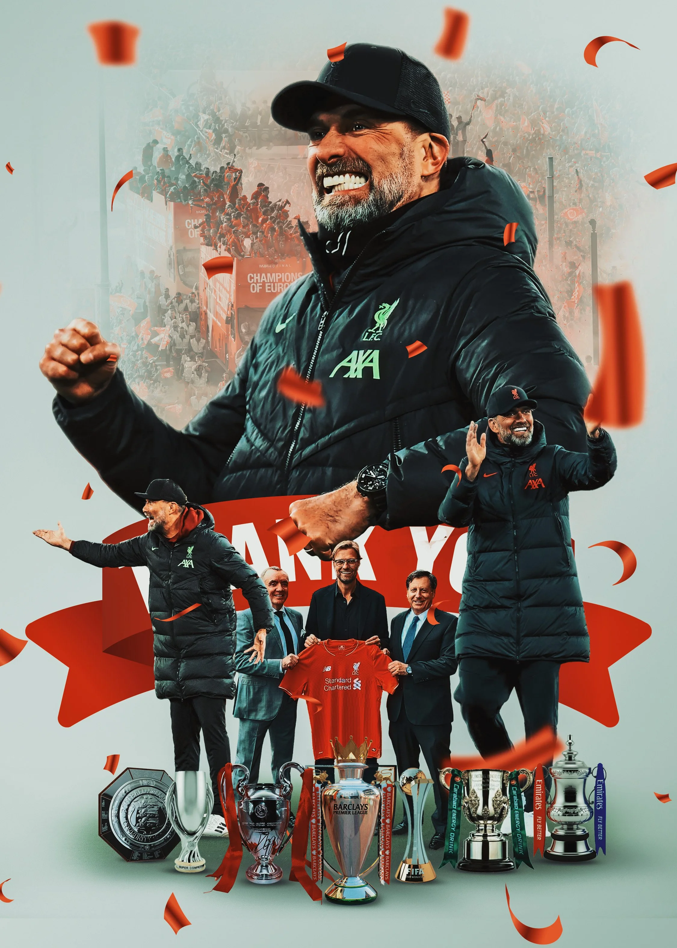 A collage of Jürgen Klopp, Liverpool FC manager, celebrating a victory with the Champions League trophy and Premier League trophy, surrounded by confetti, trophies, and team members.