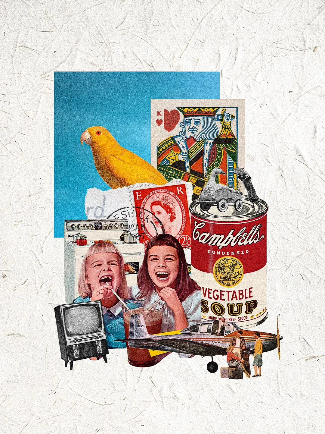 A collage with various pop culture and vintage items, including a camel-colored bird, a vintage playing card, a red Campbell's soup can, a toddler and a young girl laughing, a small TV, a remote-controlled toy car, and two children and an adult near 