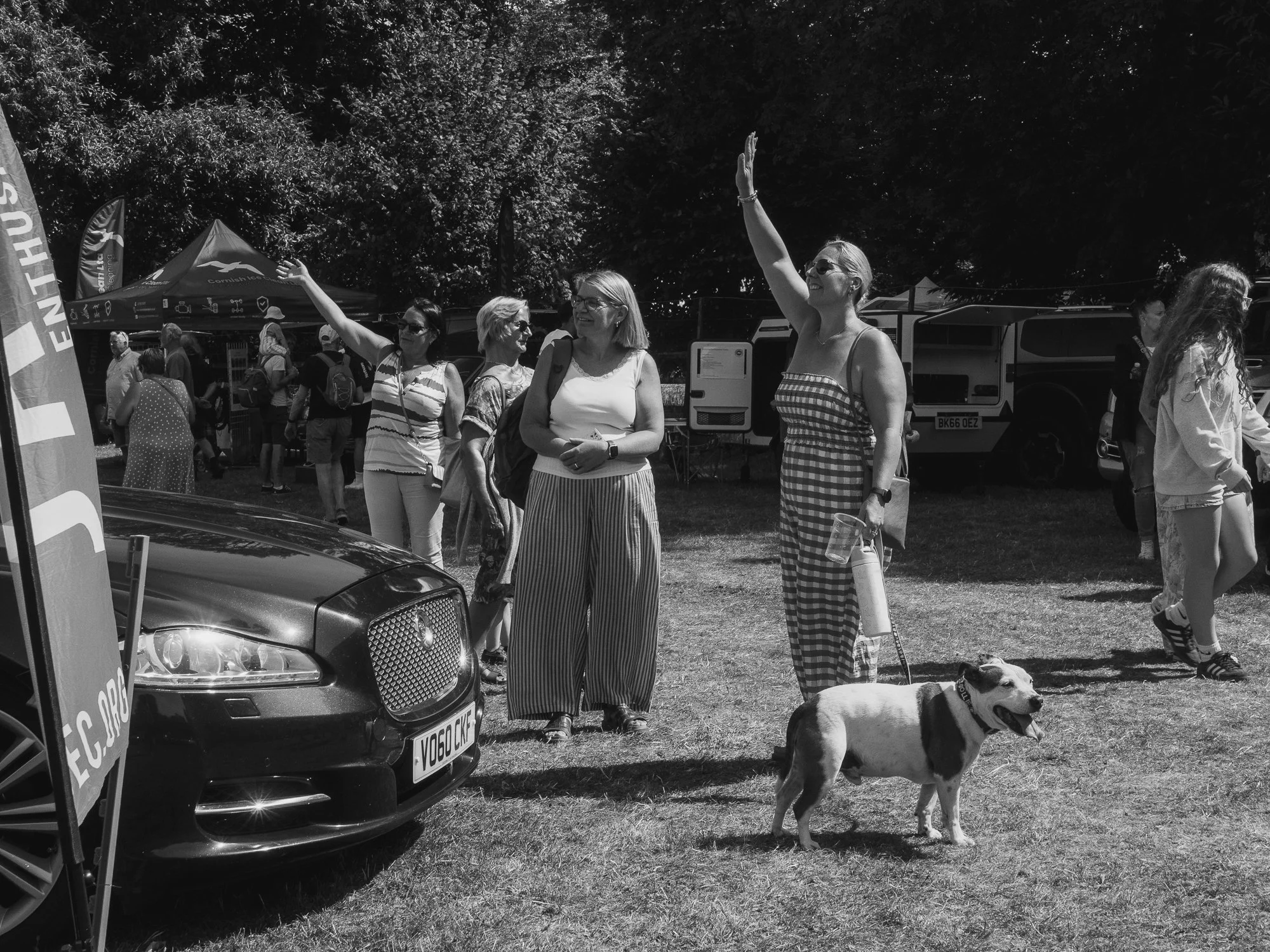 Group of women smiling and chatting outdoors at a festival or event, with trees in the background and a dog standing on the grass.