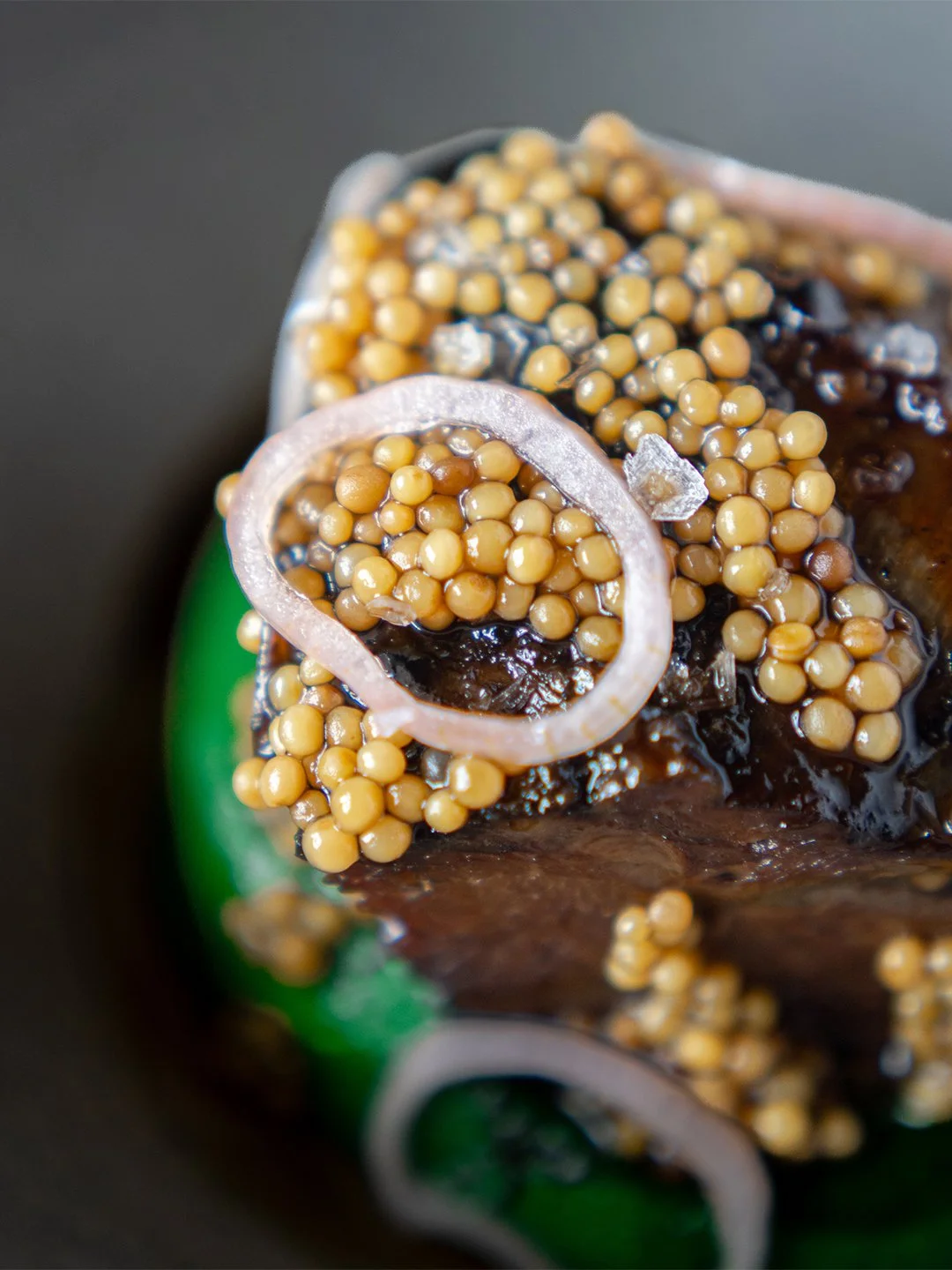 Close-up of a can with mustard seeds, onion slices, and dark sauce.