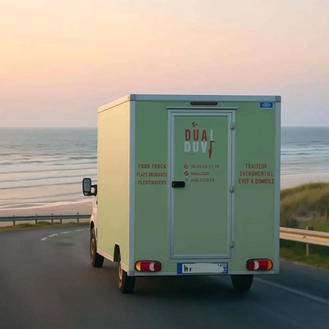 Le food truck dual food vert, roulantprès de la mer au coucher du soleil.