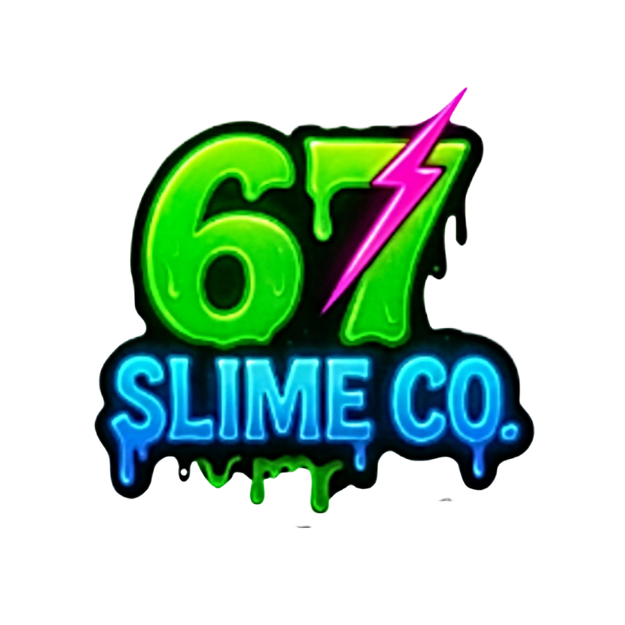 Colorful neon sign featuring the number 67, a pink lightning bolt, and the text "SLIME CO." in bright blue.