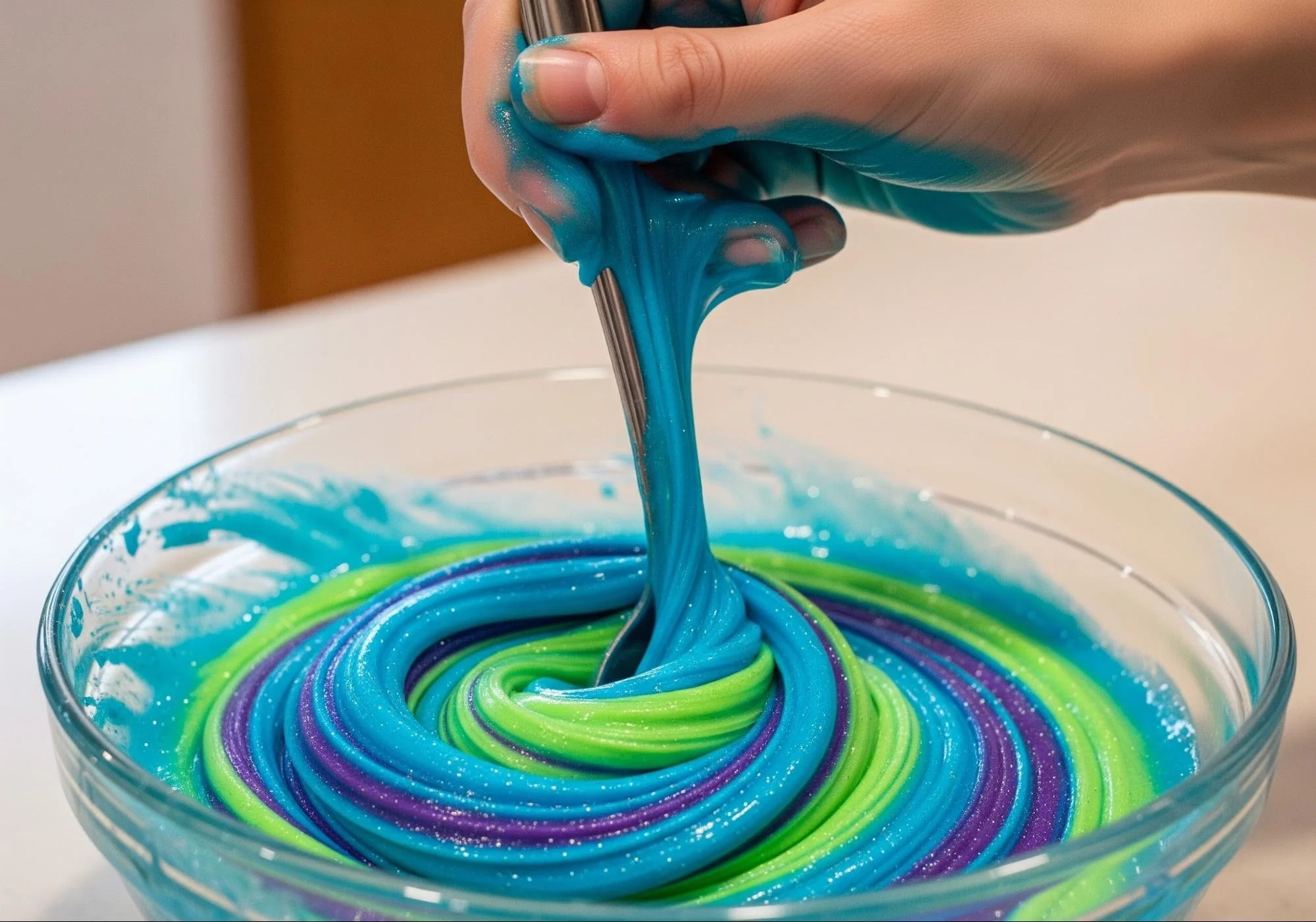 Hand mixing colorful rainbow slime. Unique, birthday Experience in The Woodlands, Spring and Houston area.