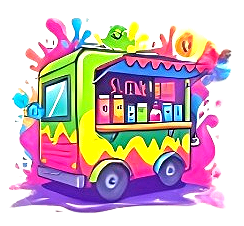 Colorful ice cream truck with a display window of various ice cream treats, decorated with bright swirls and shapes.