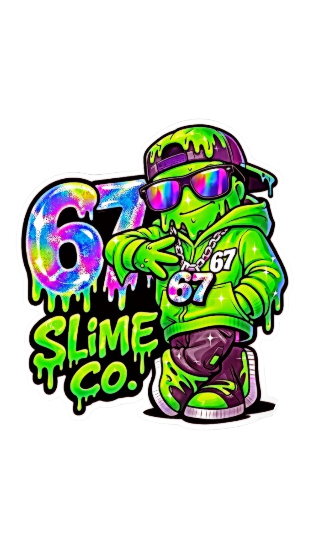 A colorful cartoon slime character wearing sunglasses, a cap, and a hoodie with the number 67, standing next to the text "67 Slime Co." in vibrant, dripping graffiti style.