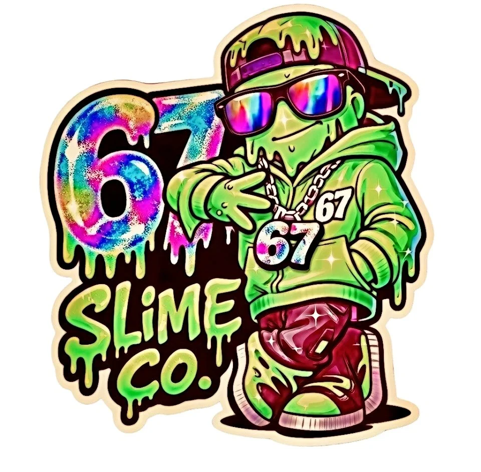 Colorful cartoon-style slime character wearing sunglasses, hoodie, and cap, with the number 67 on the hoodie, and graffiti text "67 Slime Co." next to it.