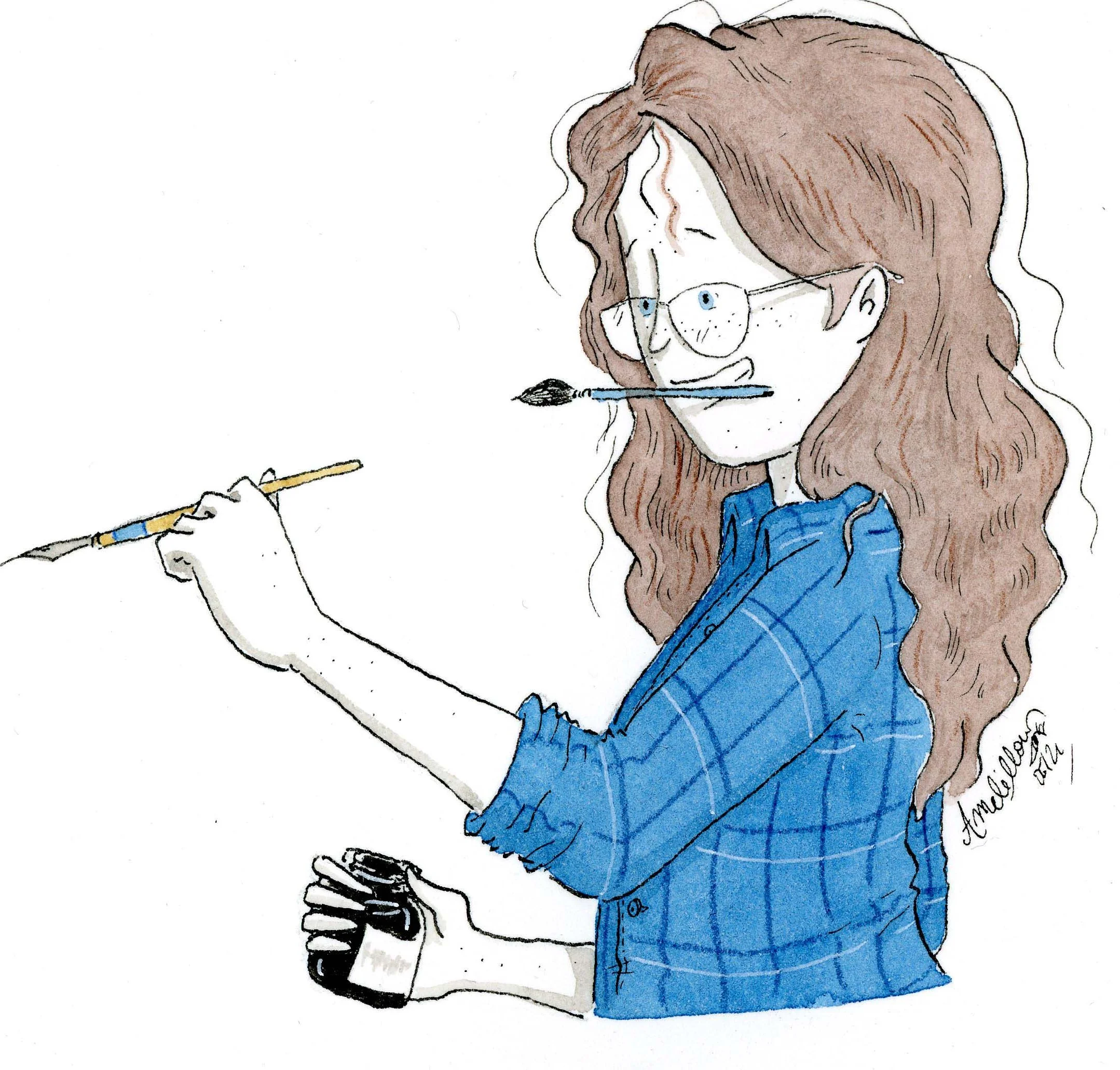 Dessin d'une femme aux cheveux longs avec un pinceau dans la main, un pinceau dans la bouche, portant des lunettes et une chemise à carreaux bleue.