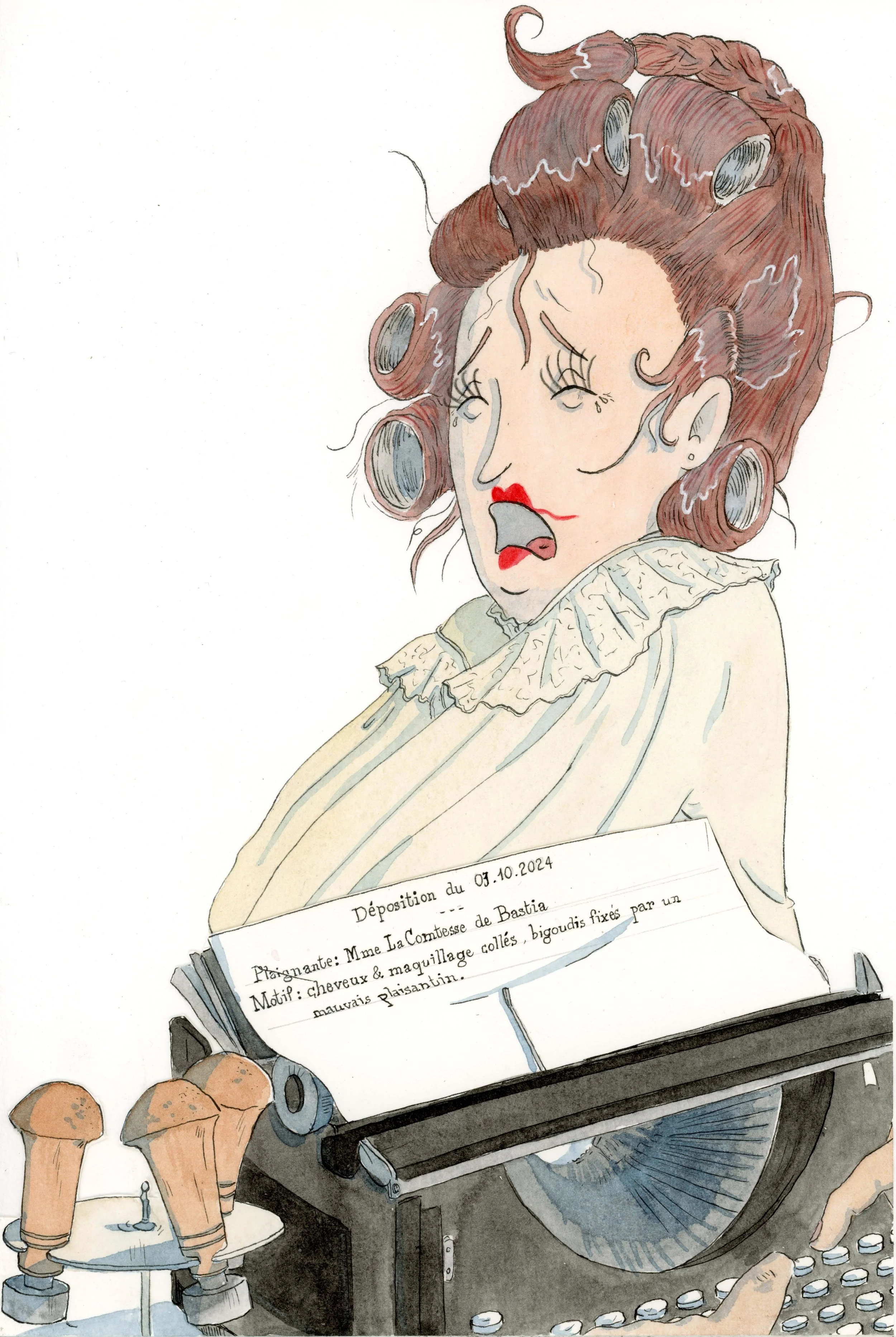 Une illustration d'une femme avec des rouleaux dans les cheveux, semblant être en colère ou surprise, en face d'une machine à écrire avec un document.