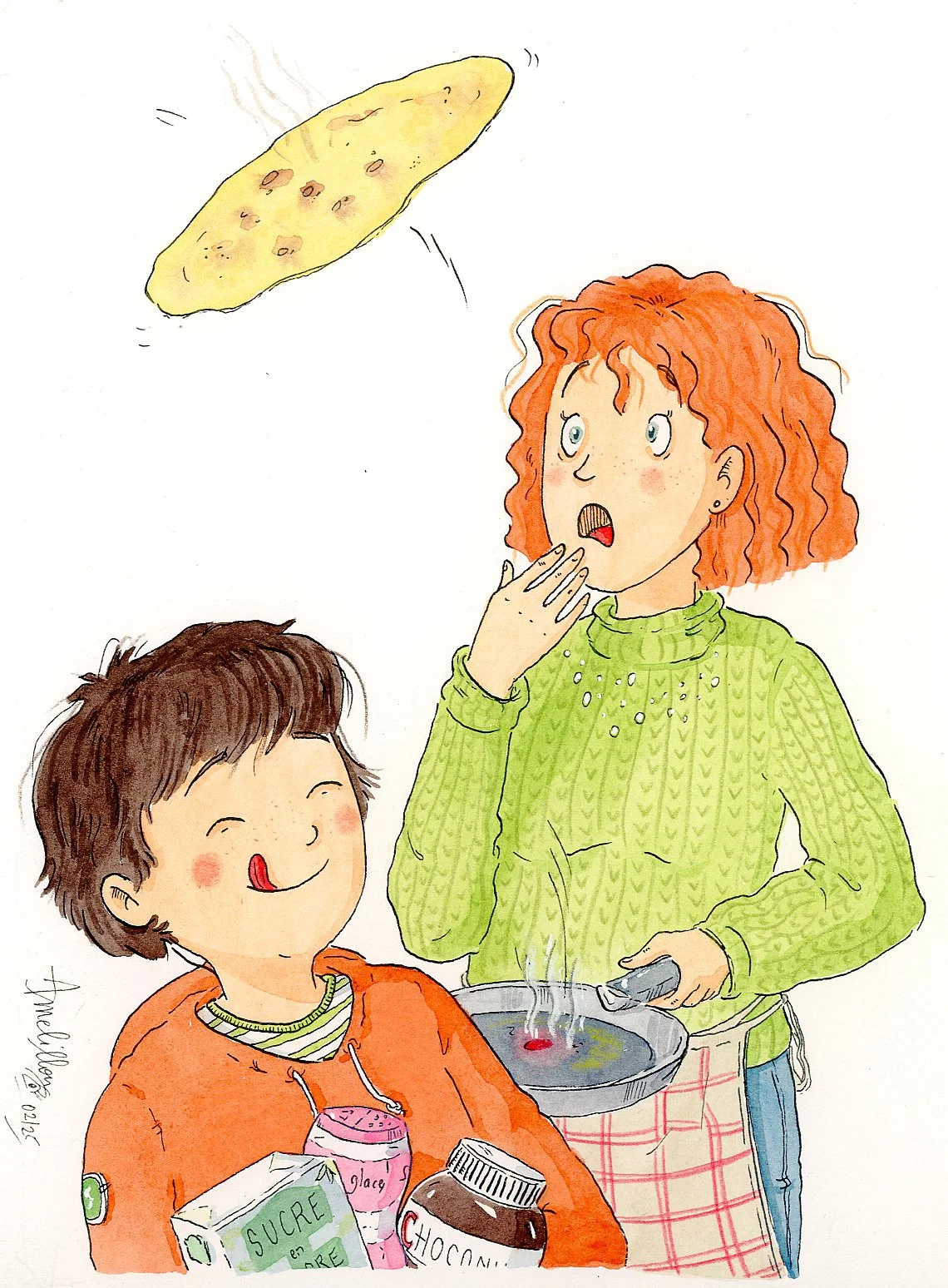 Une femme et un enfant en cuisine, la femme regarde la nourriture dans une poêle et l'enfant sourit avec la langue sortie, entourés de produits alimentaires et une pizza en l'air.