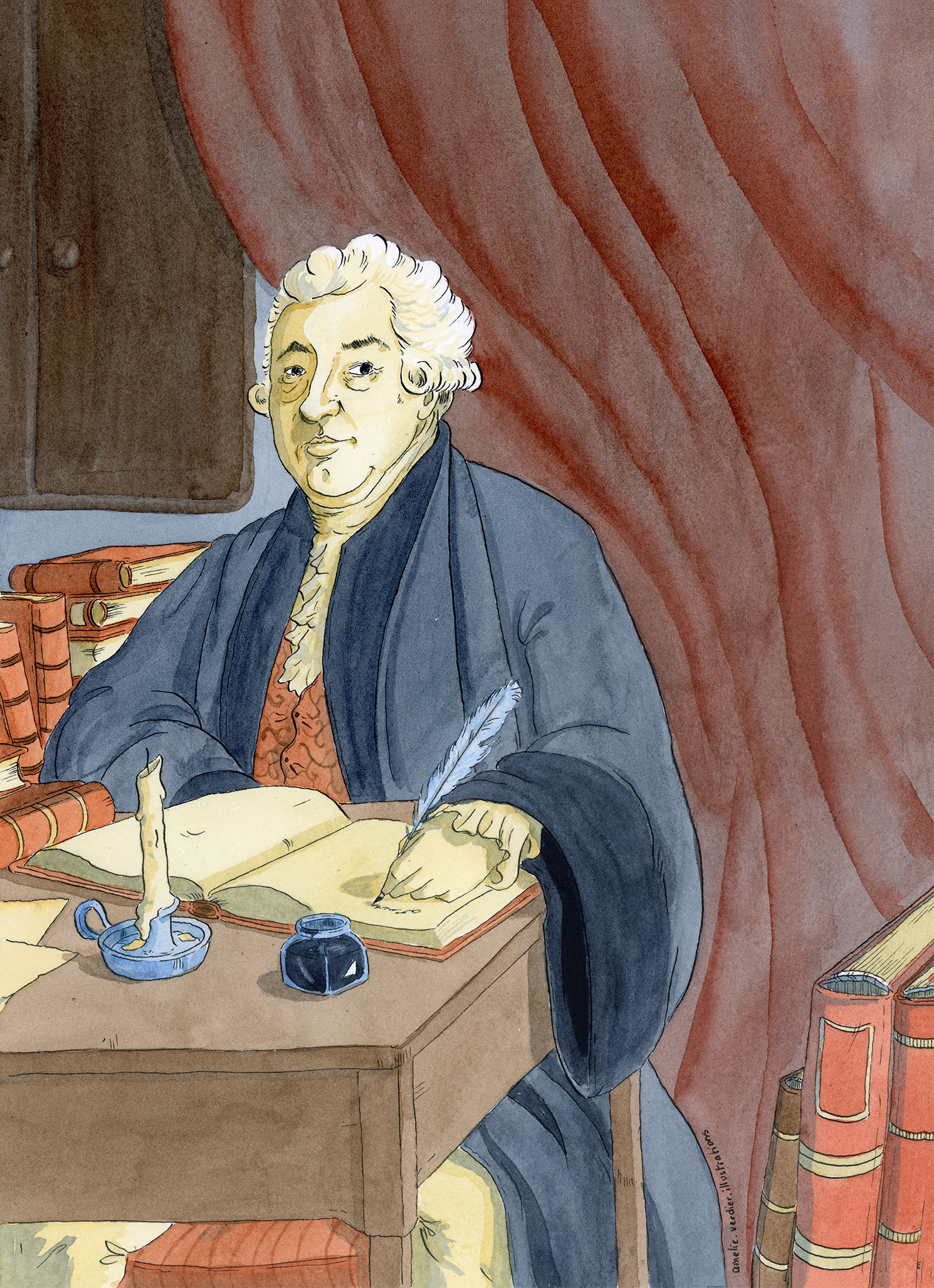 Un portrait d'un homme en vêtements anciens, assis à un bureau avec des livres, écrivant avec une plume. La scène est encadrée par un rideau rouge en arrière-plan.
