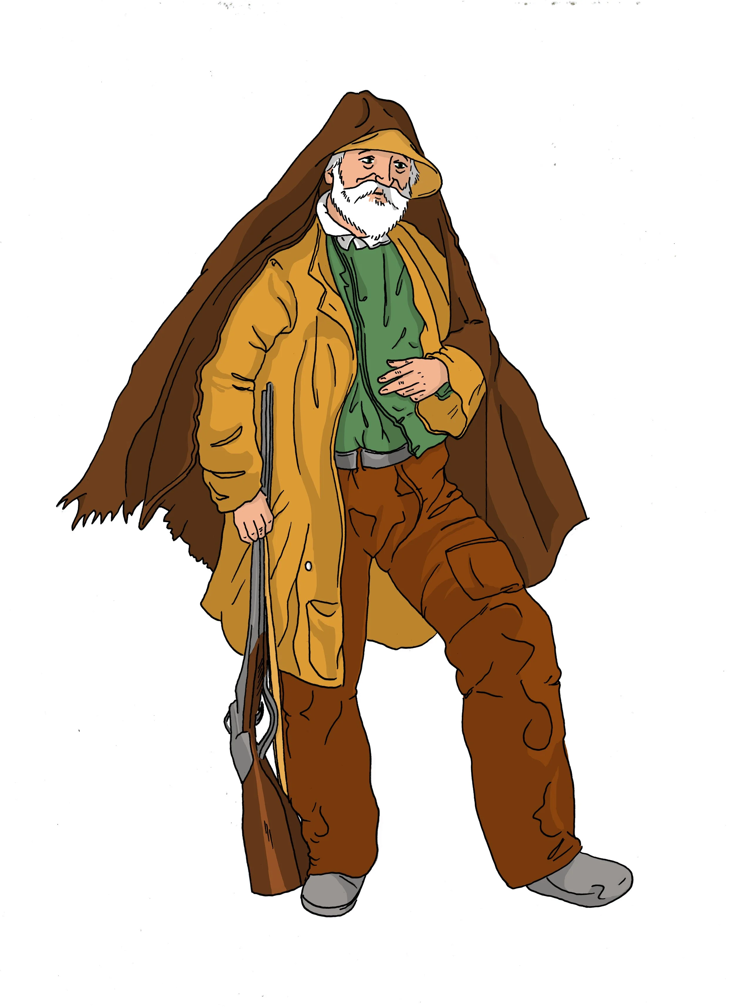 Un homme âgé, habillé en chasseur avec un manteau marron, un gilet vert, une cagoule marron, tenant un fusil, marche dans la nature.