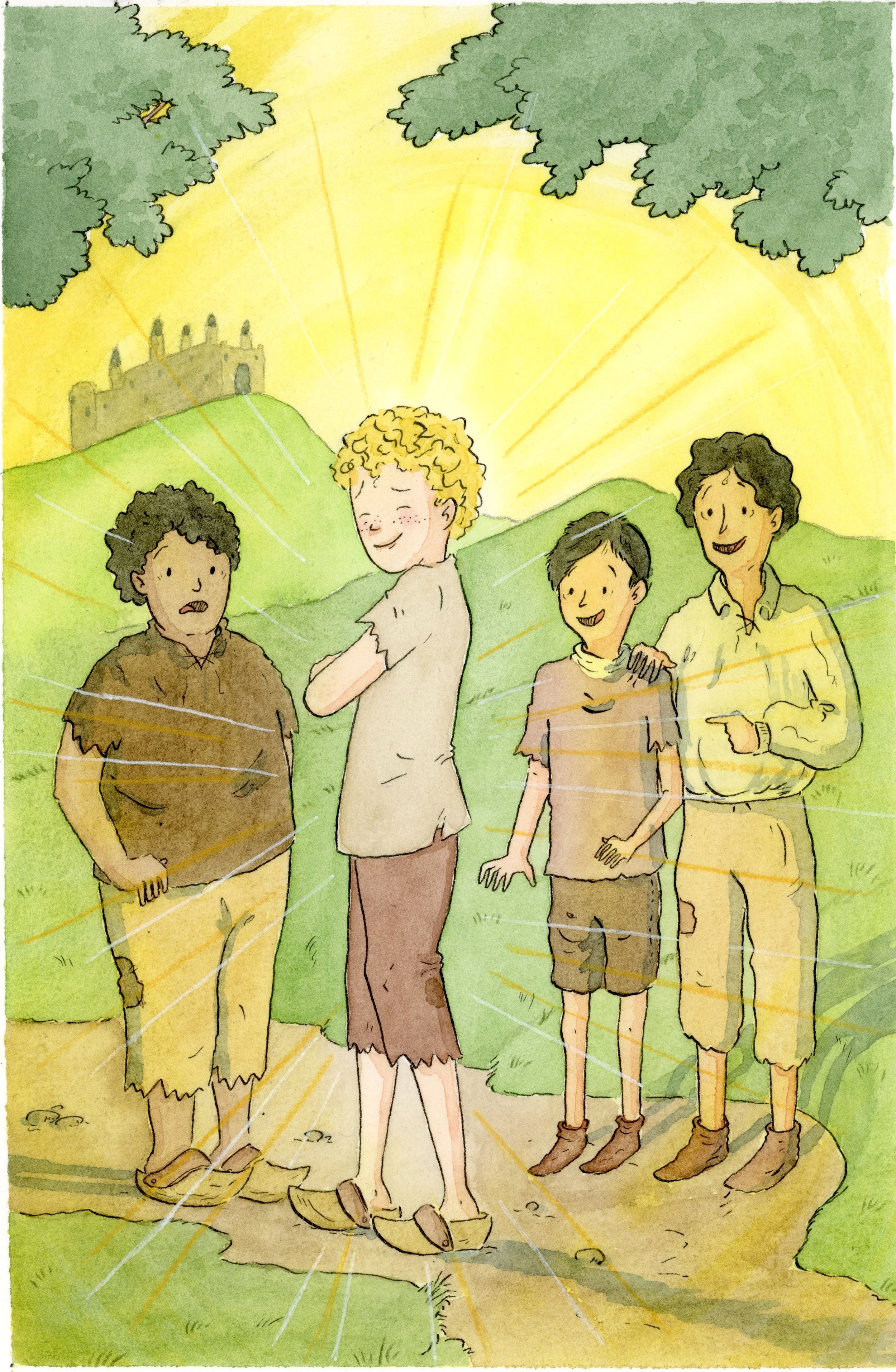 Quatre garçons en vêtements simples se tiennent sur un chemin, avec un château en arrière-plan, sous un ciel doré, rayonnant de lumière.