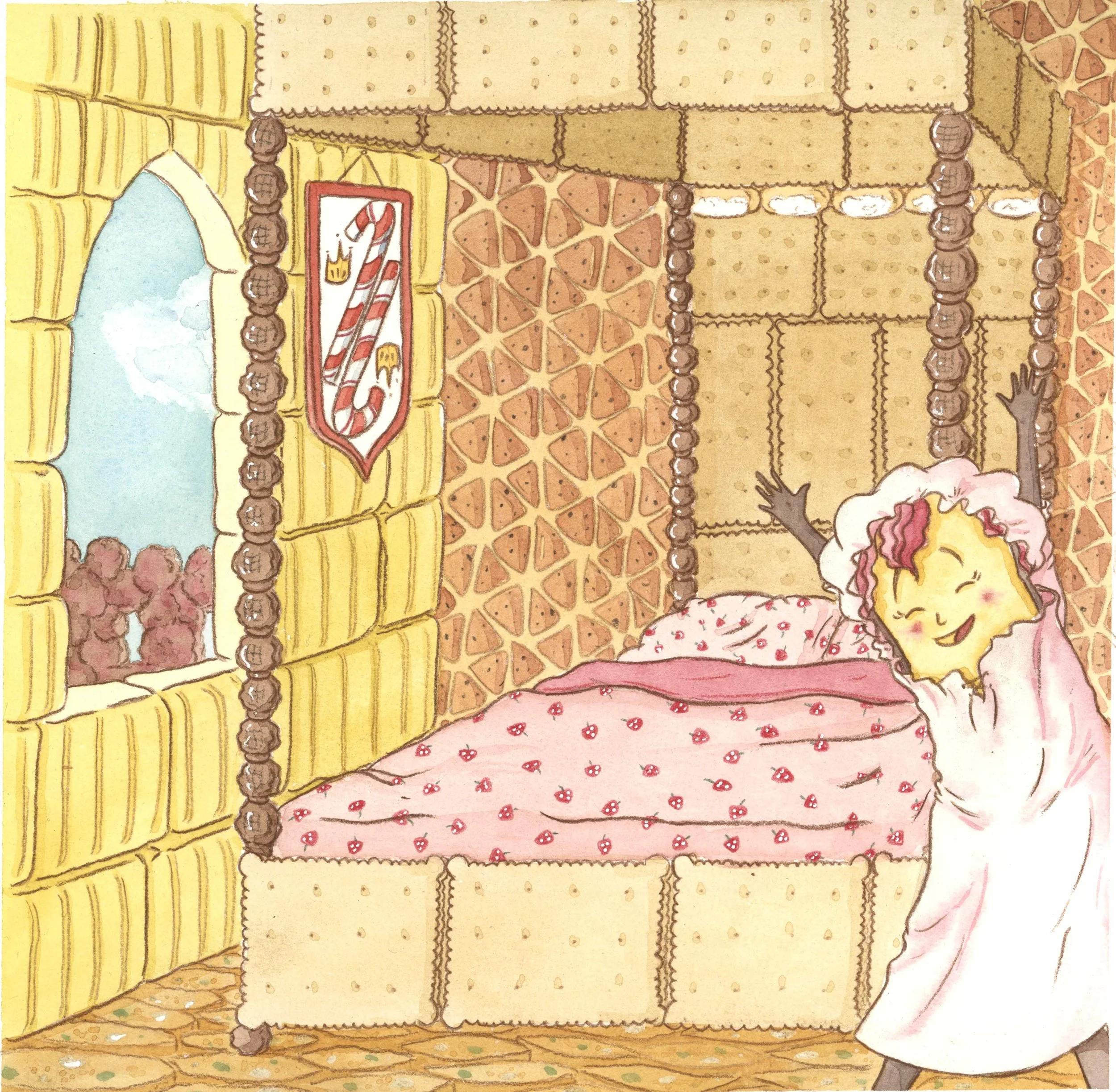 Une créature en pain d'épice souriante dans un lit, levant les bras dans une chambre médiévale avec un bouclier, un drapeau avec un candy cane, un lit à baldaquin et une fenêtre donnant sur un ciel avec des nuages.