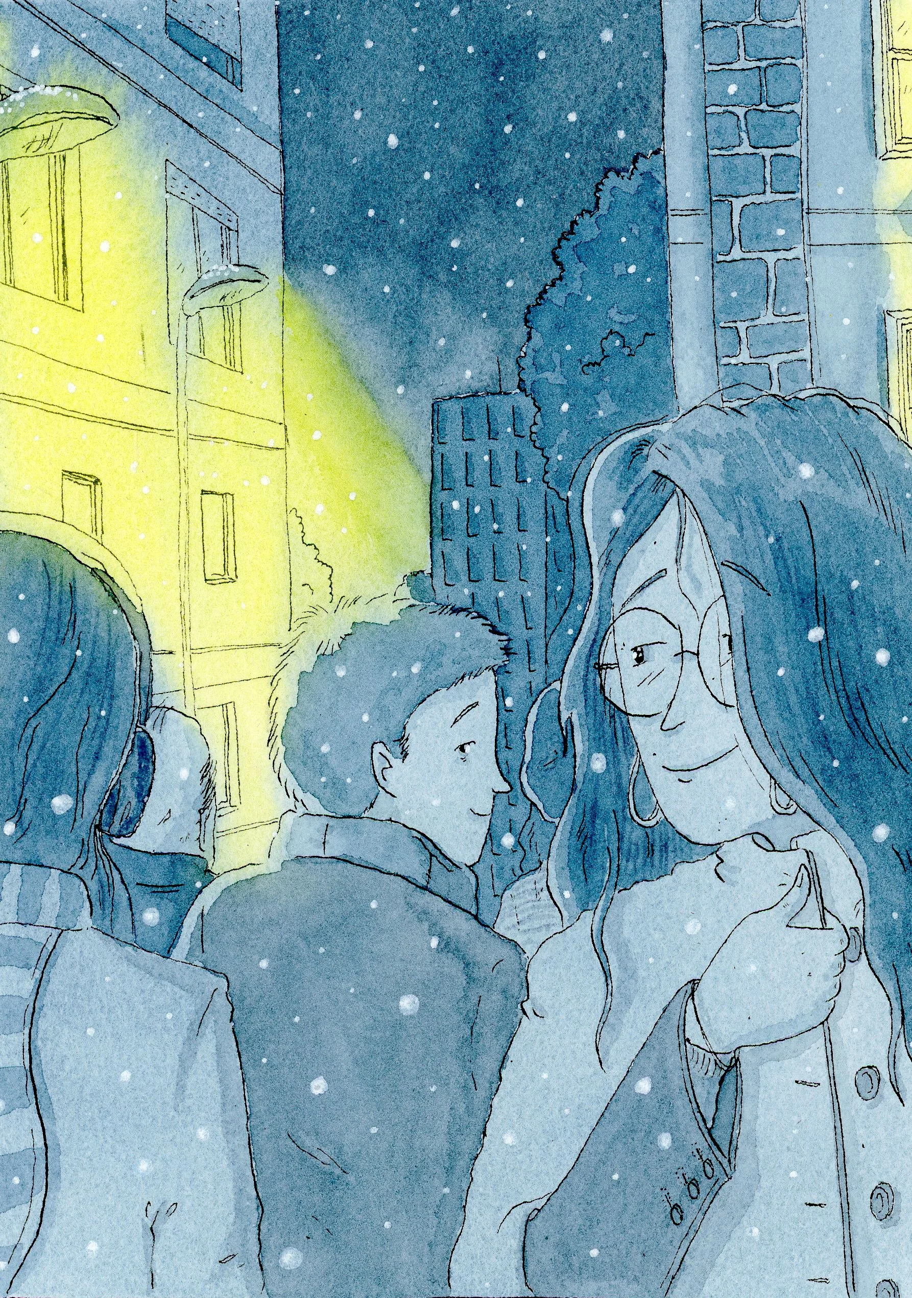 Une scène urbaine nocturne avec des gens sous la neige, illuminée par des lumières jaunes et une étoile ou un reflet lumineux dans le ciel.