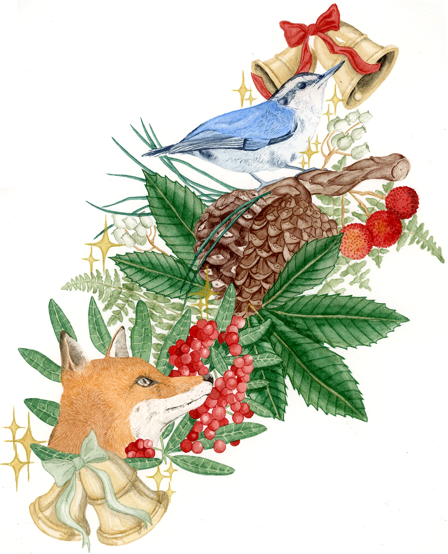 Illustration d'un écureuil, d'un renard, d'un oiseau bleu, de pommes de pin, de baies rouges, de feuilles vertes et de cloches décoratives avec un ruban rouge.