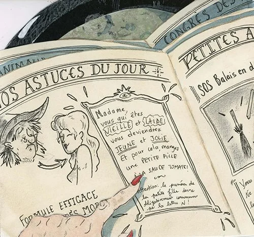 Page d'un carnet de conseils avec dessins illustrant un dialogue entre une mère et sa fille, comprenant un titre 'Les astuces du jour' et un texte de conseil pour prendre soin d'une jeune fille.