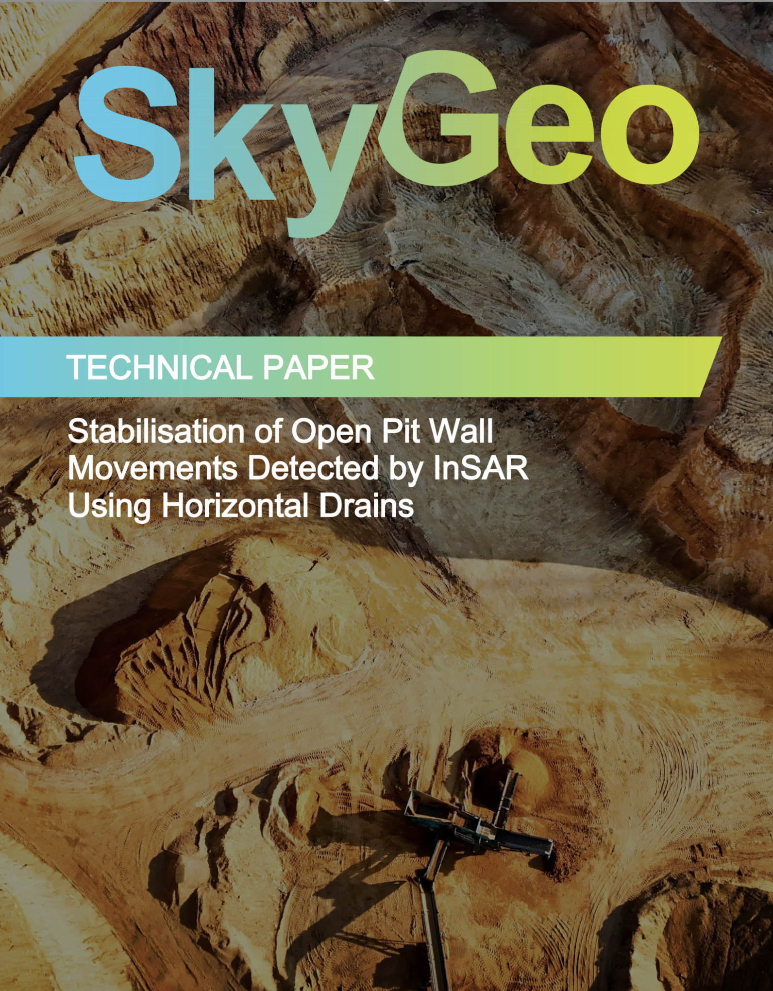 Technical paper ‘Stabilisation of Open Pit Wall Movements Detected by InSAR Using Horizontal Drains’, with a terraced mine wall demonstrating slope remediation.