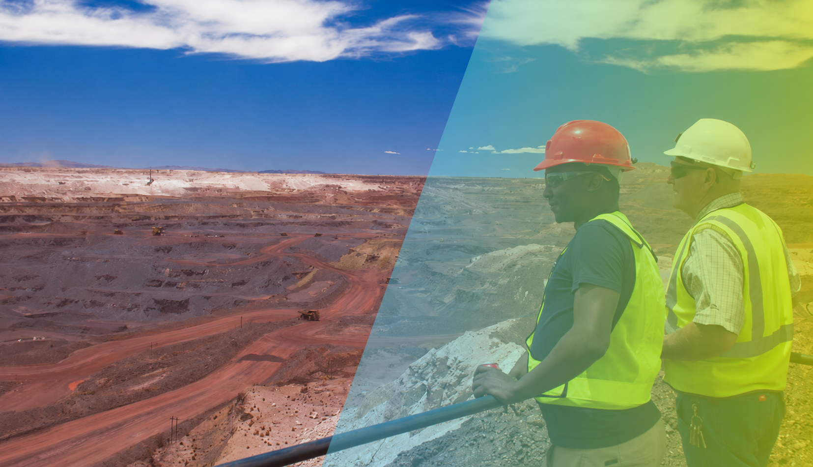 Two construction workers in helmets and safety vests reviewing plans on site, using InSAR insights to guide geotechnical risk mitigation in the field.