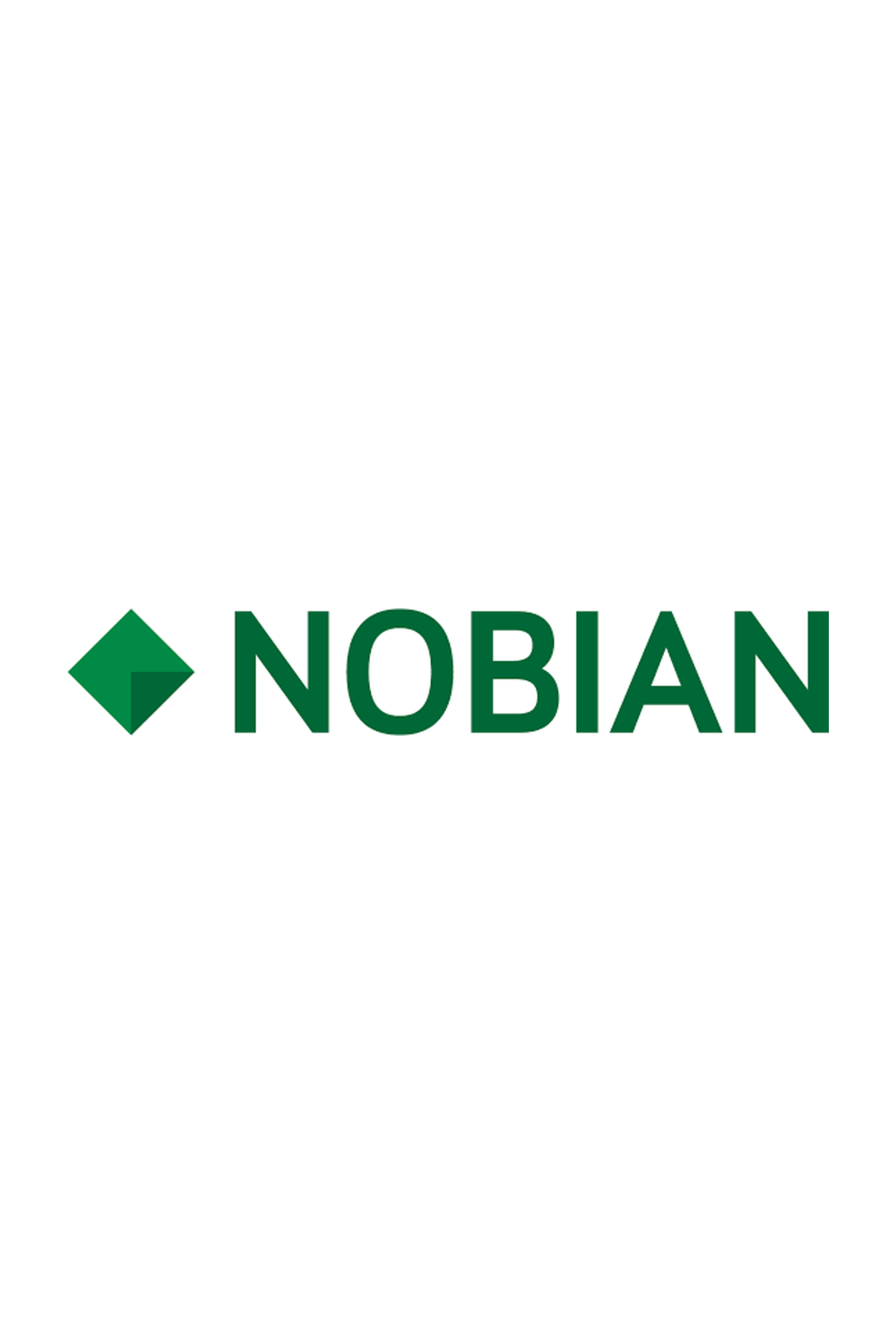 Black and white illustration of a domino falling, with the word 'NOBIAN' in green letters and a green geometric logo next to it.