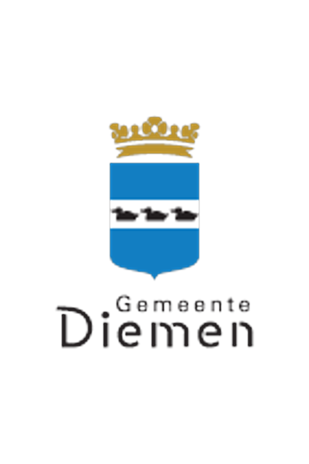 A logo featuring a shield with blue, black, and white horizontal stripes, three black ships, and a gold crown on top. Below the shield, the text reads "Gemeente Dieden".