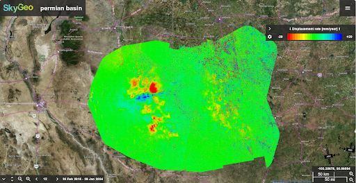 Map of Permian Basin showing ground displacement, with areas colored in red, yellow, green, and blue indicating different levels of displacement.