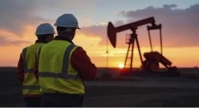 Oil pumps in a desert landscape under cloudy skies, showing typical fields where InSAR monitoring is used to track subsidence and induced seismic risk.