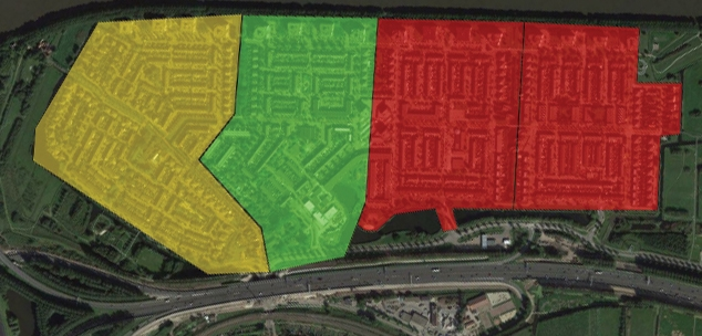 Satellite image of a highway with overlaid yellow, green and red sections, showing InSAR-based zoning of geotechnical risk along critical transport corridors.