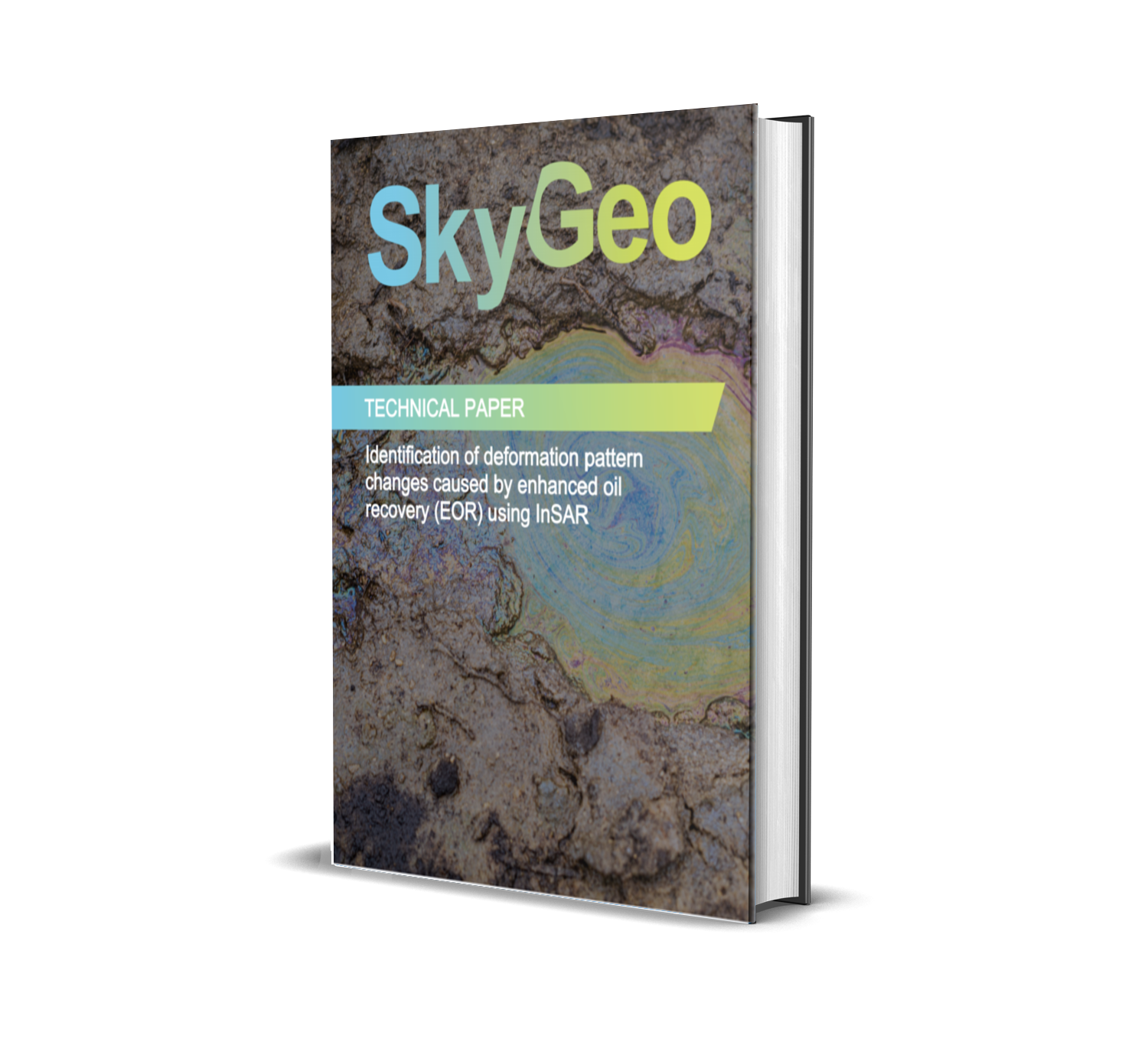 SkyGeo technical paper cover showing subsurface geological patterns, focusing on applying InSAR satellite data to reservoir behaviour and geotechnical risk.