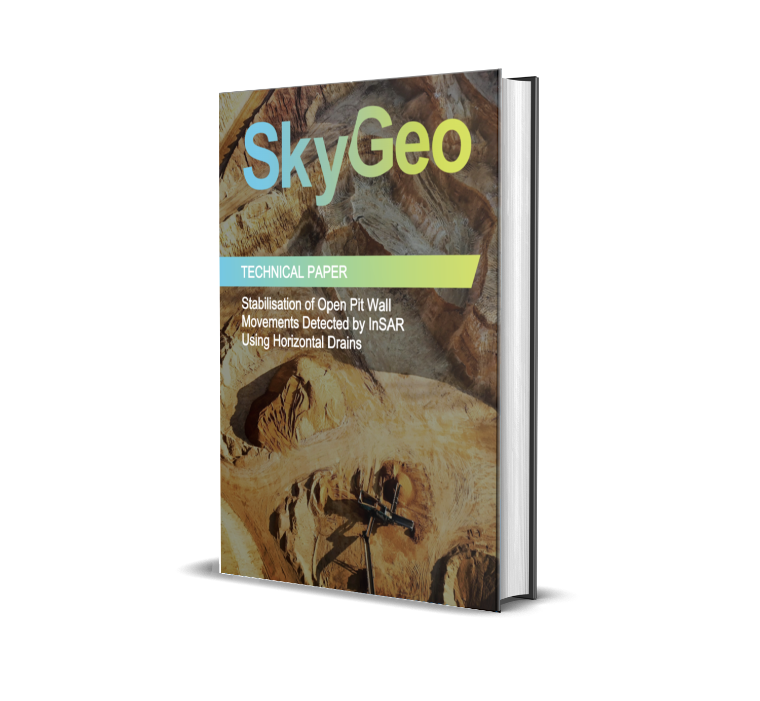 SkyGeo technical paper cover showing a landform and survey drone, illustrating how InSAR complements drone surveys for detailed ground deformation monitoring.