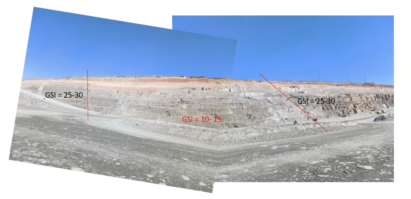 A panoramic photo of a rocky, barren hill with markings indicating geological surface indices (GSI) values, with two sections labeled GSI 25-30 and a central section labeled GSI 10-15, under a clear blue sky.