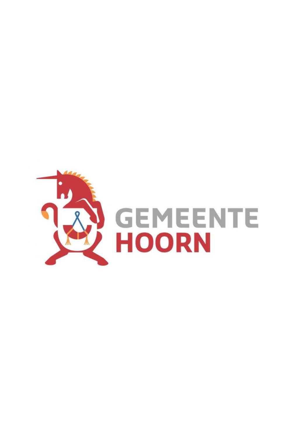 Logo of the municipality of Hoorn, featuring a red unicorn with a saddle and a magic staff, with the text "GEMEENTE HOORN" in gray and red.