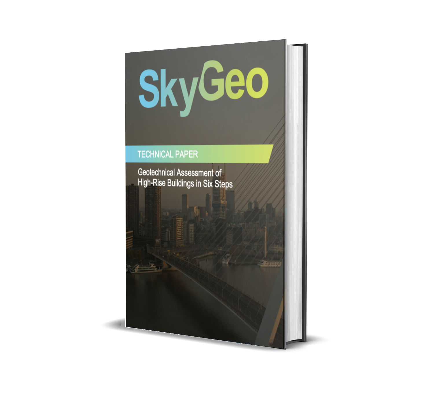 SkyGeo technical paper on InSAR-based geotechnical assessment of high-rise buildings, with a city skyline and bridge highlighting urban infrastructure risk.