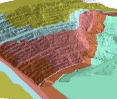 Topographic map with different elevation zones in various colors, showing terrain features.