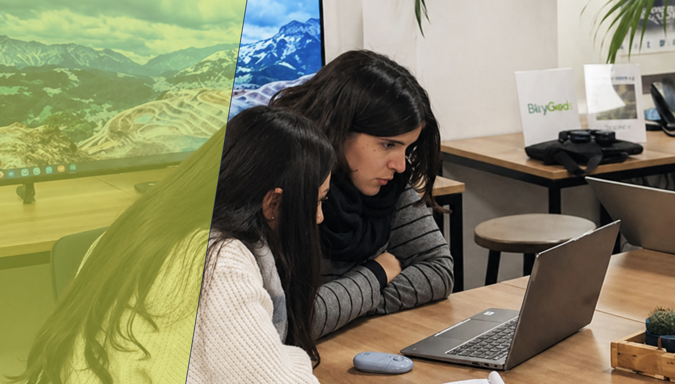Two colleagues reviewing InSAR ground deformation results on a laptop in an office, discussing risk insights with a large landscape map on the screen.