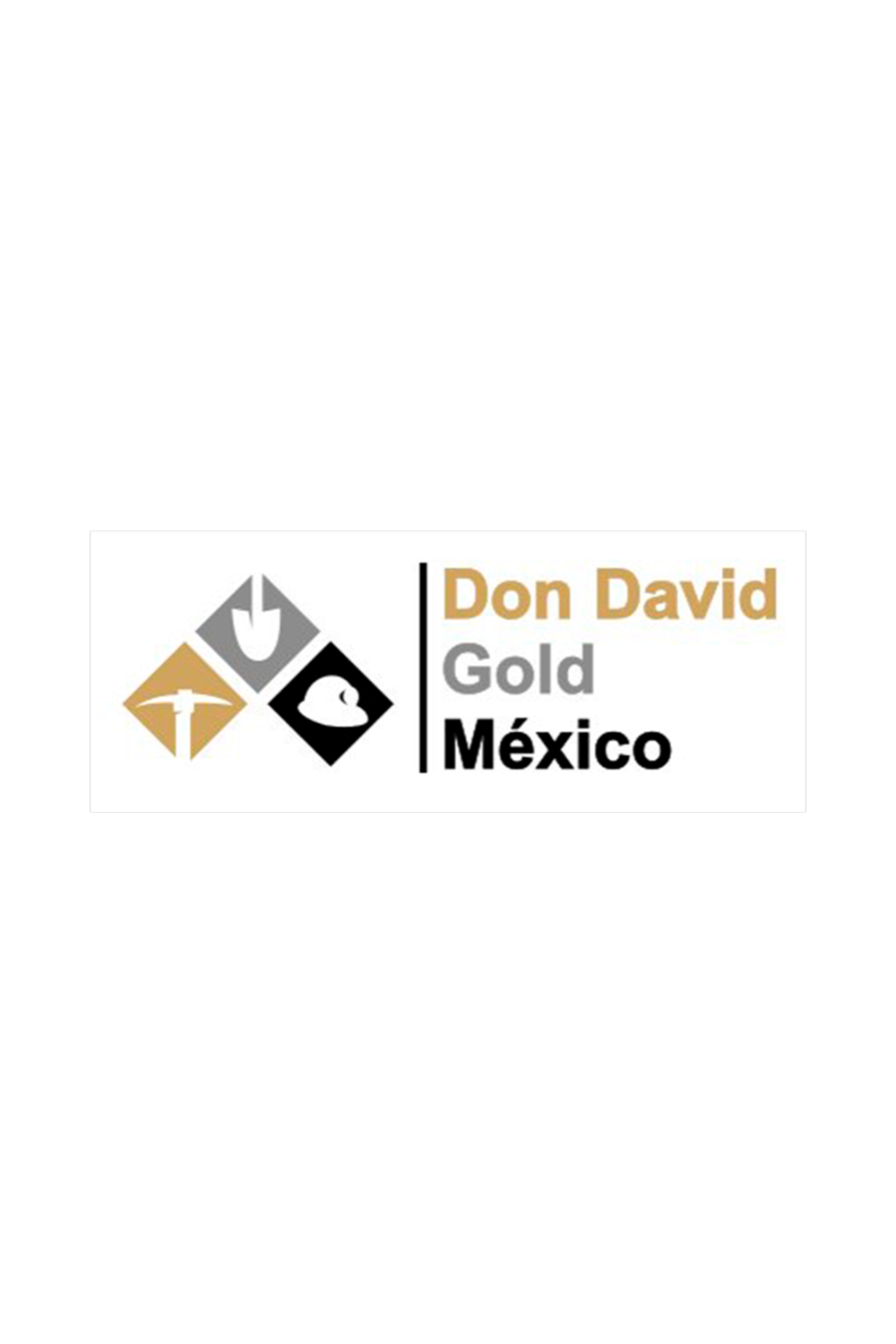 A banner with the logo of Don David, featuring four colored symbols: a pickaxe, a hammer, a helmet, and an anvil. Text on the banner reads 'Don David', 'Gold', and 'México' in black, gold, and gray fonts.