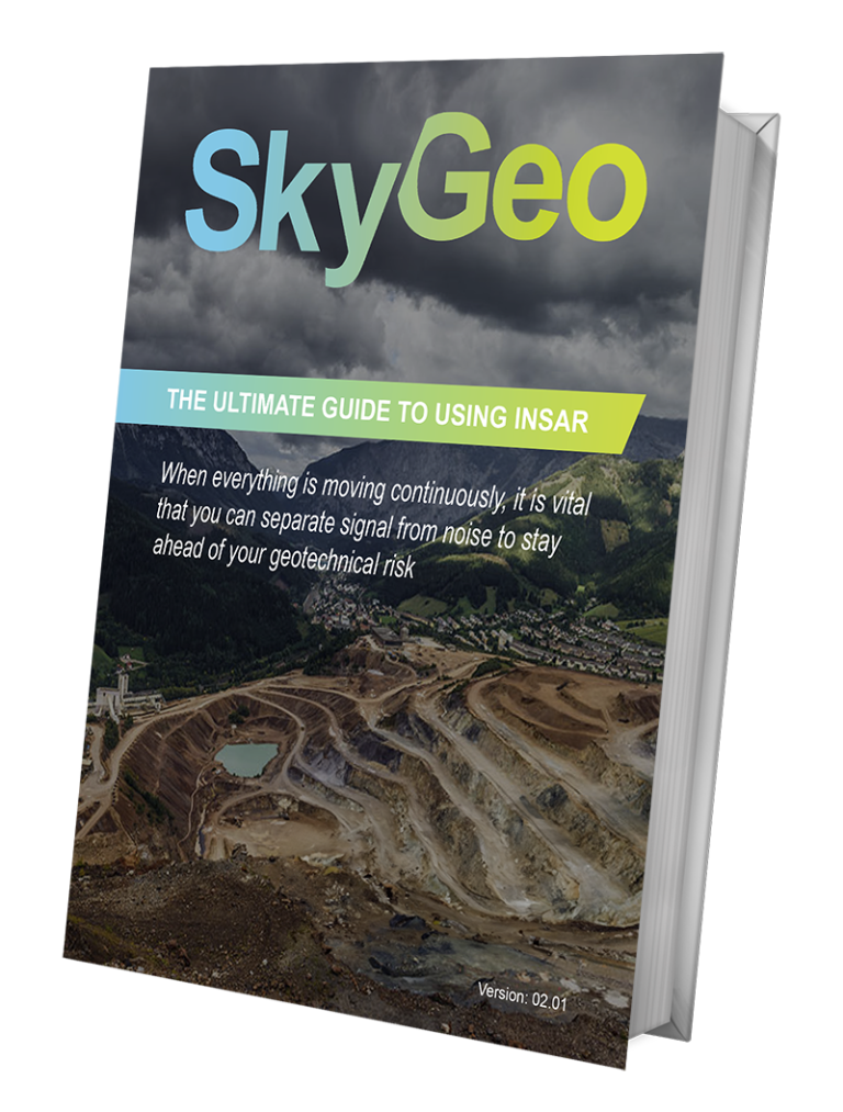 SkyGeo: The Ultimate Guide to Using InSAR’ cover showing a mountainous mining landscape, highlighting satellite monitoring of ground movement in challenging terrain